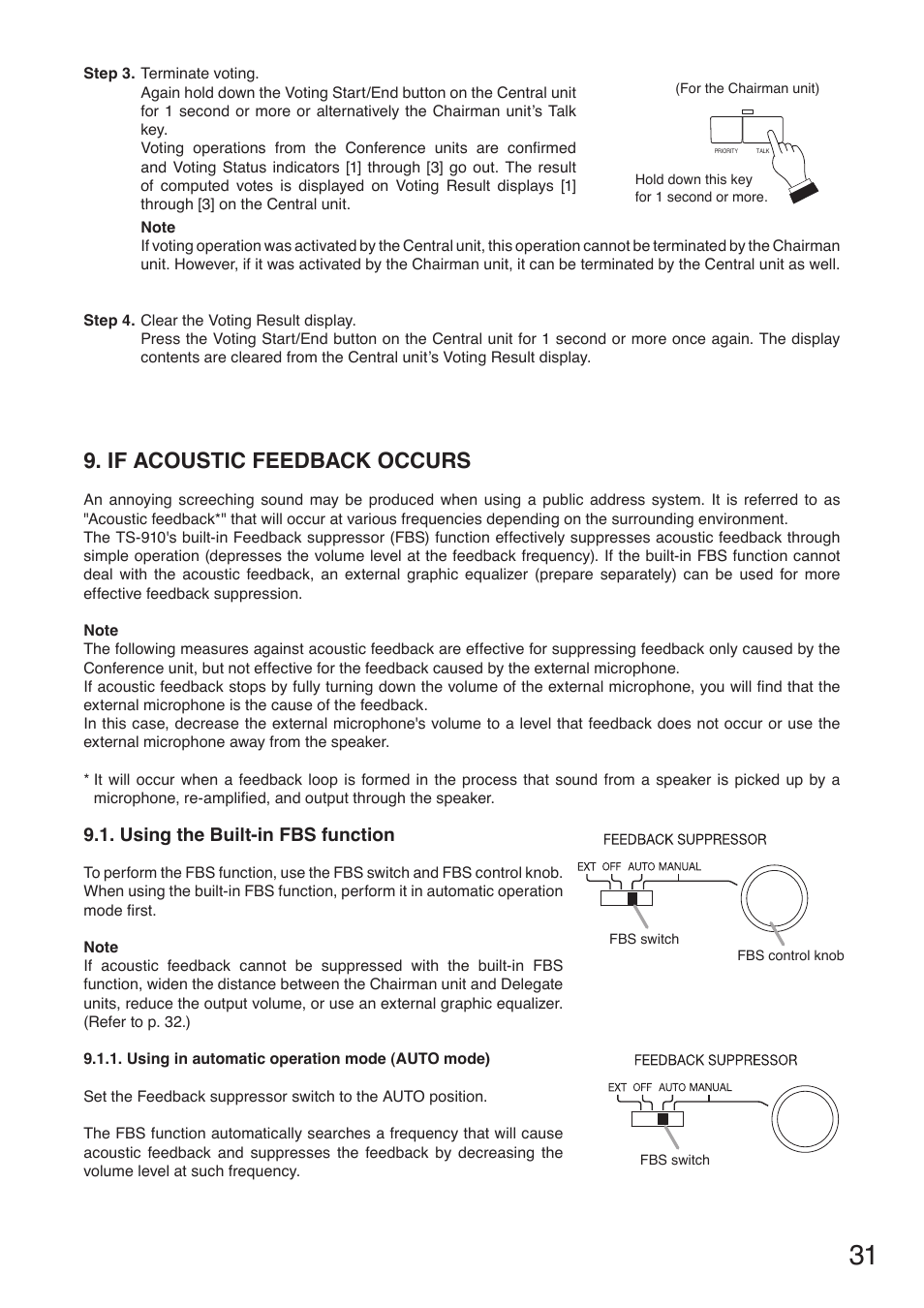 If acoustic feedback occurs, Using the built-in fbs function, O p. 31 | Toa TS-910 Series Manual User Manual | Page 31 / 44