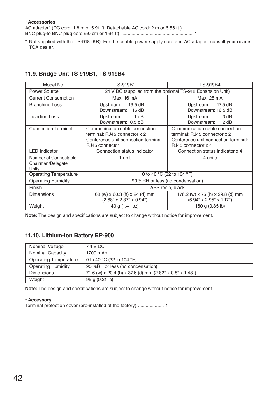 Bridge unit ts-919b1, ts-919b4, Lithium-ion battery bp-900 | Toa TS-910 Series Manual User Manual | Page 42 / 44