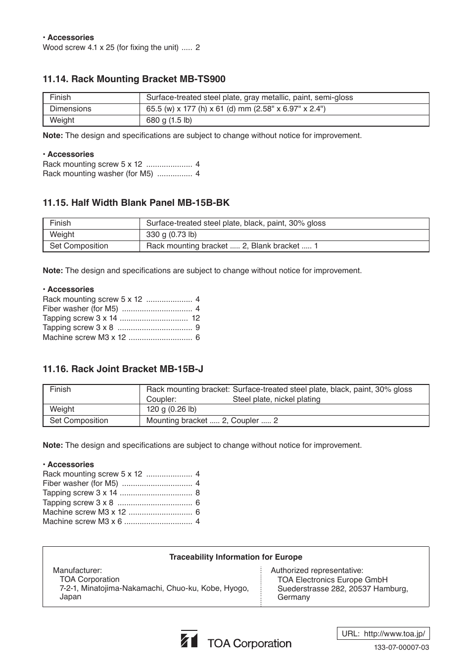 Rack mounting bracket mb-ts900, Half width blank panel mb-15b-bk, Rack joint bracket mb-15b-j | Toa TS-910 Series Manual User Manual | Page 44 / 44