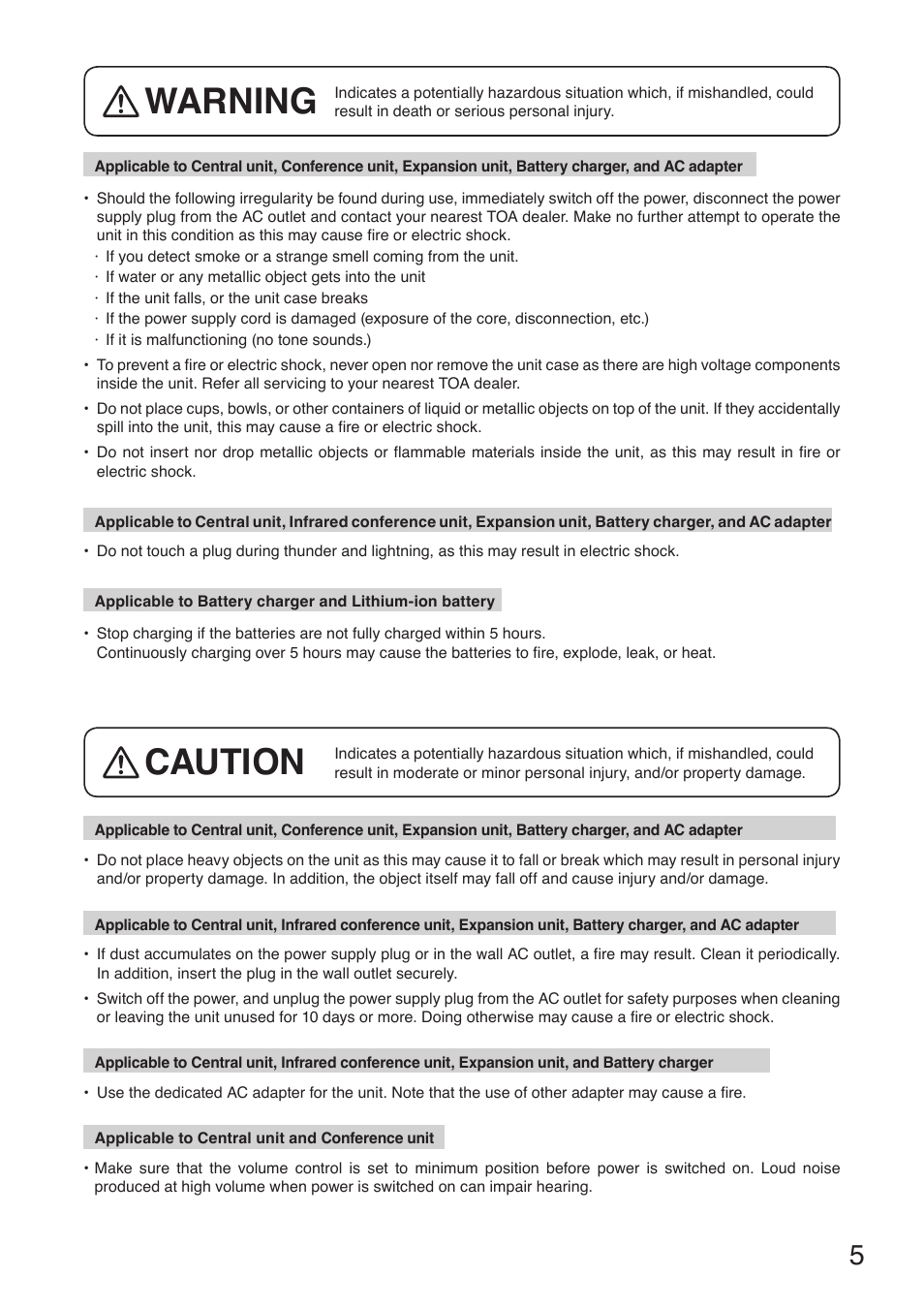 Warning, Caution | Toa TS-910 Series Manual User Manual | Page 5 / 44