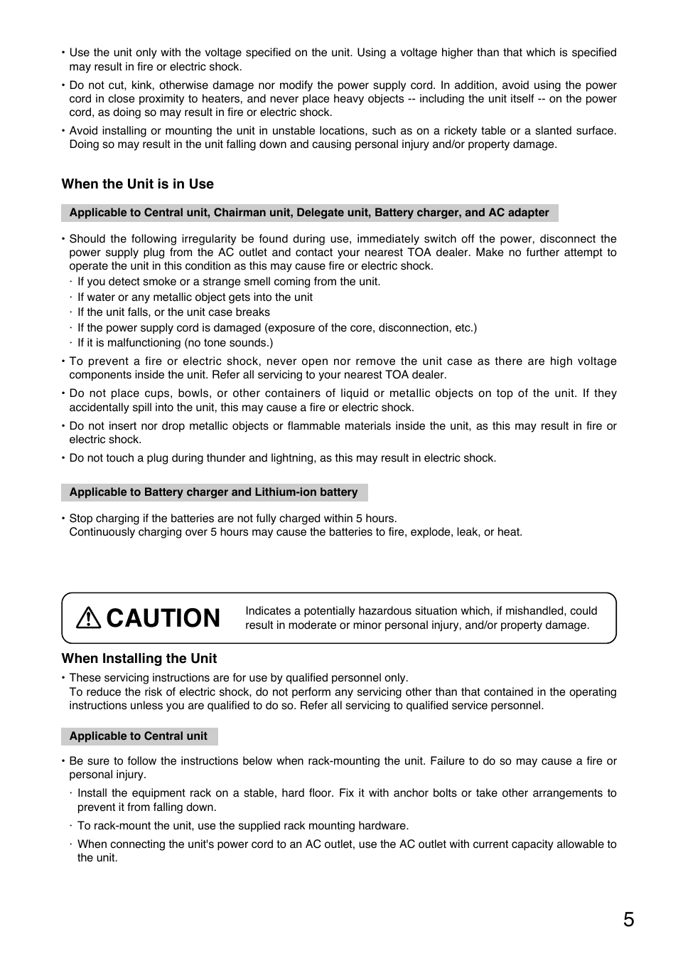 Caution | Toa TS-900 Series User Manual | Page 5 / 64