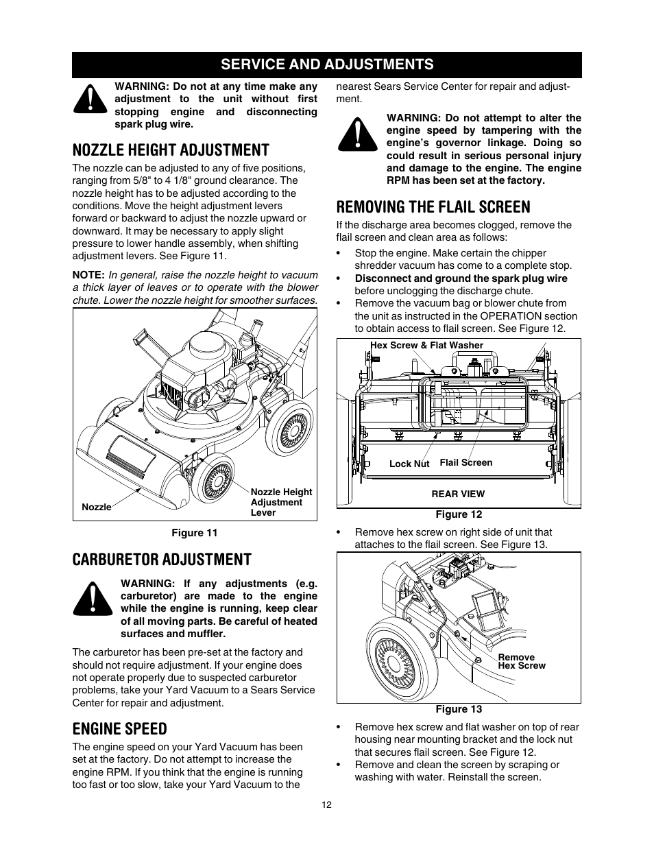 Nozzle height adjustment, Carburetor adjustment, Engine speed | Removing the flail screen, Service and adjustments | Craftsman 247.77011 User Manual | Page 12 / 40