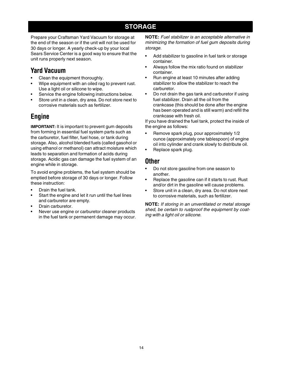 Yard vacuum, Engine, Other | Storage | Craftsman 247.77011 User Manual | Page 14 / 40