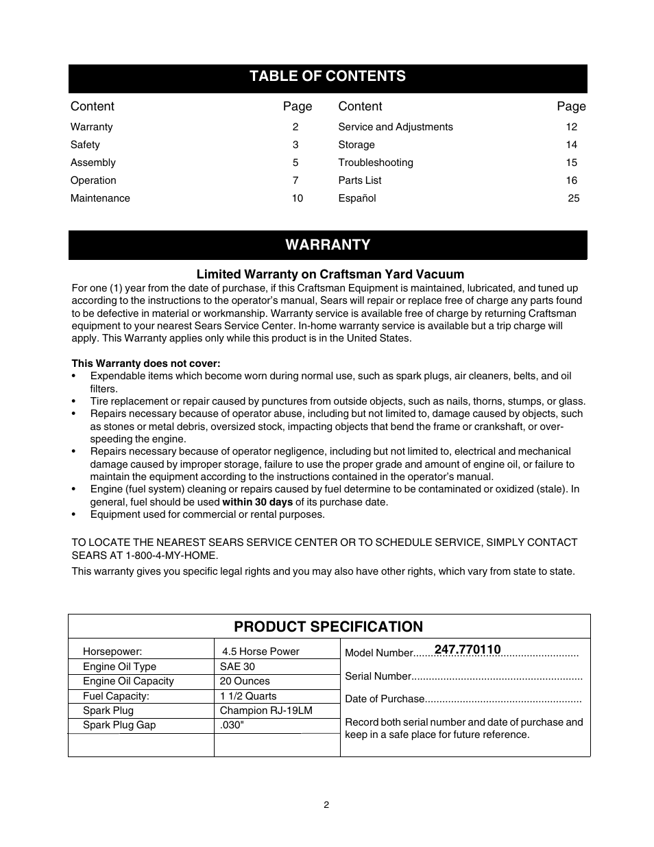 Warranty table of contents, Product specification | Craftsman 247.77011 User Manual | Page 2 / 40