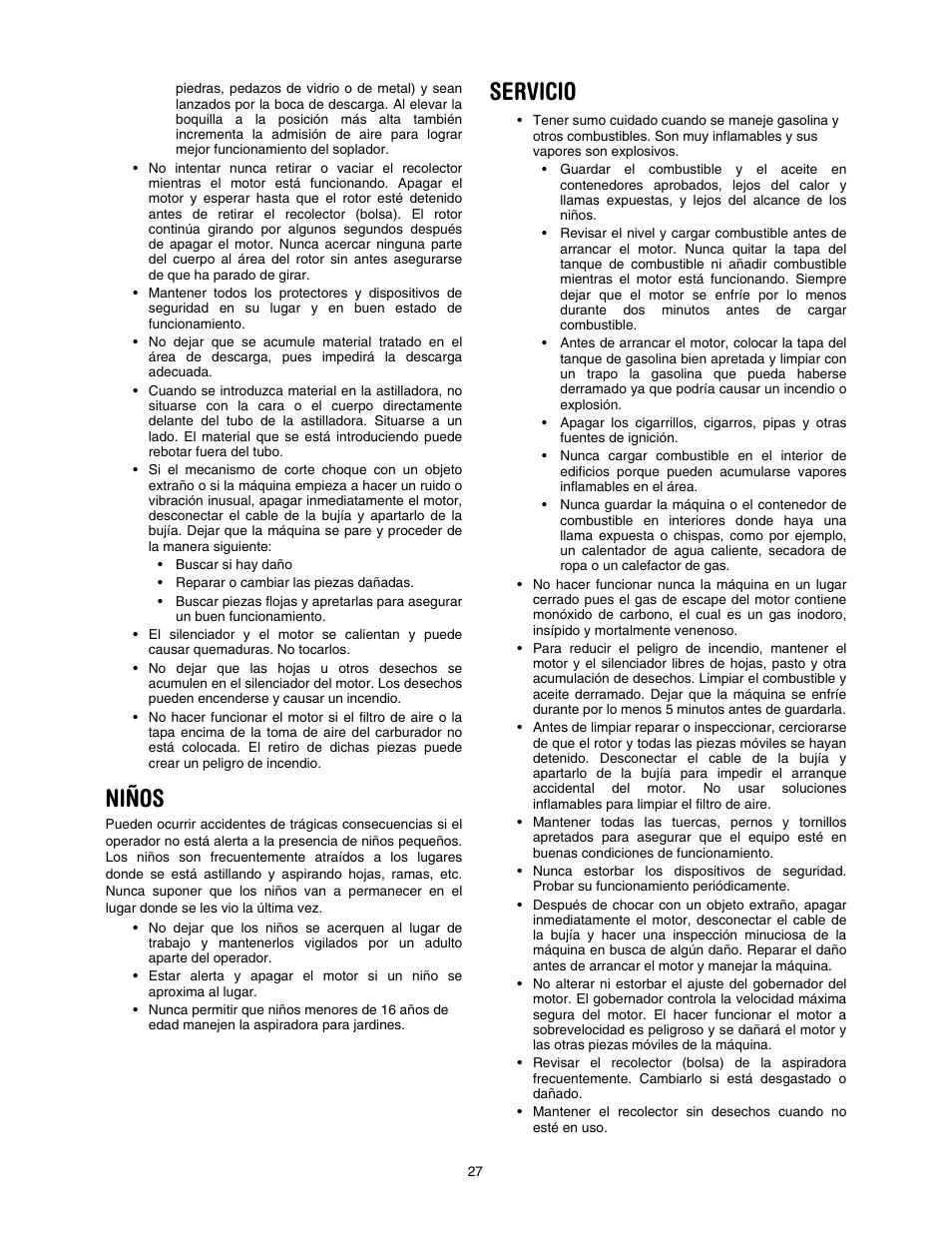 Niños, Servicio | Craftsman 247.77011 User Manual | Page 27 / 40