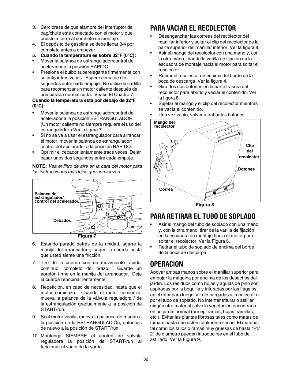 Para vaciar el recolector, Para retirar el tubo de soplado, Operacion | Craftsman 247.77011 User Manual | Page 32 / 40