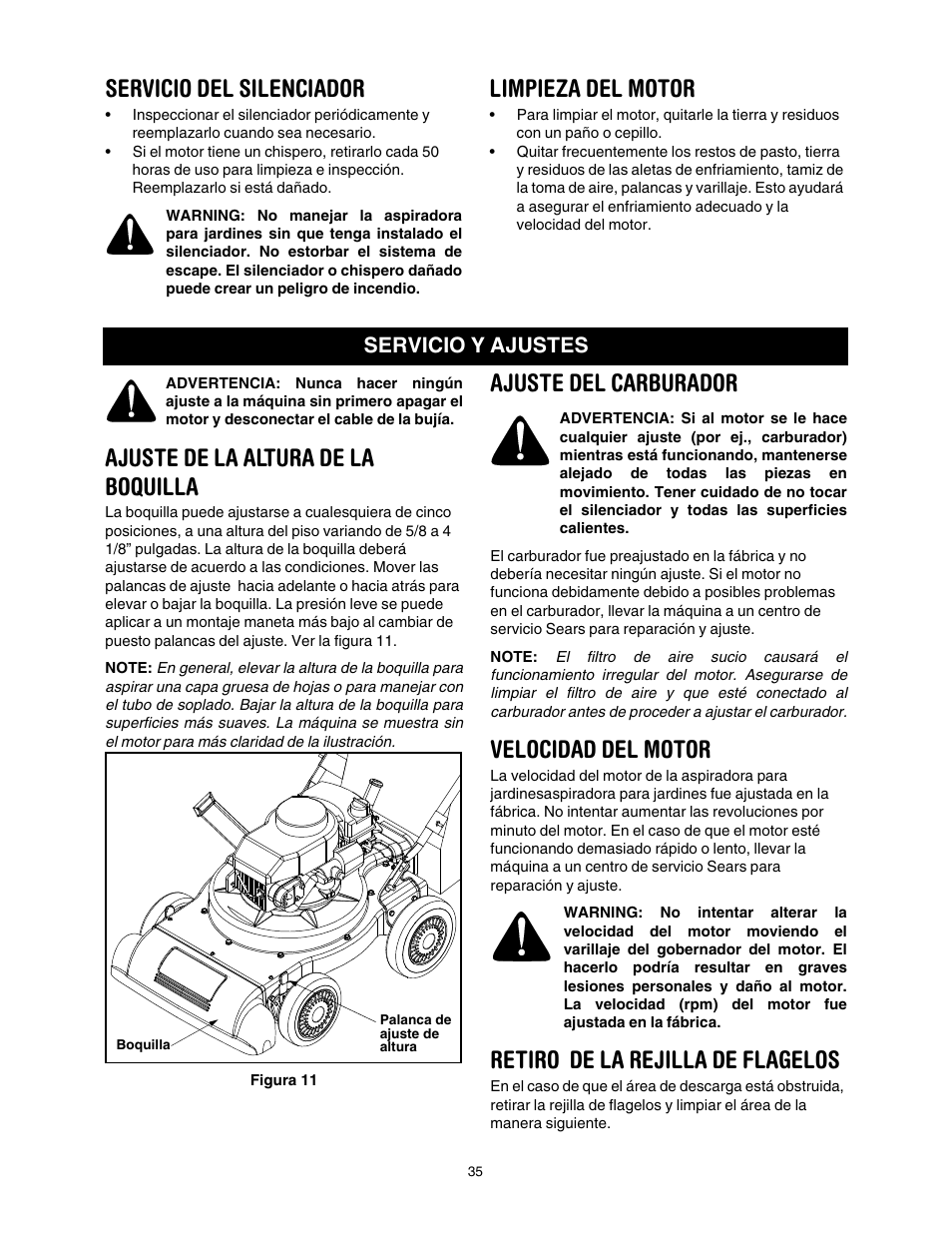 Servicio del silenciador, Limpieza del motor, Ajuste de la altura de la boquilla | Ajuste del carburador, Velocidad del motor, Retiro de la rejilla de flagelos, Servicio y ajustes | Craftsman 247.77011 User Manual | Page 35 / 40
