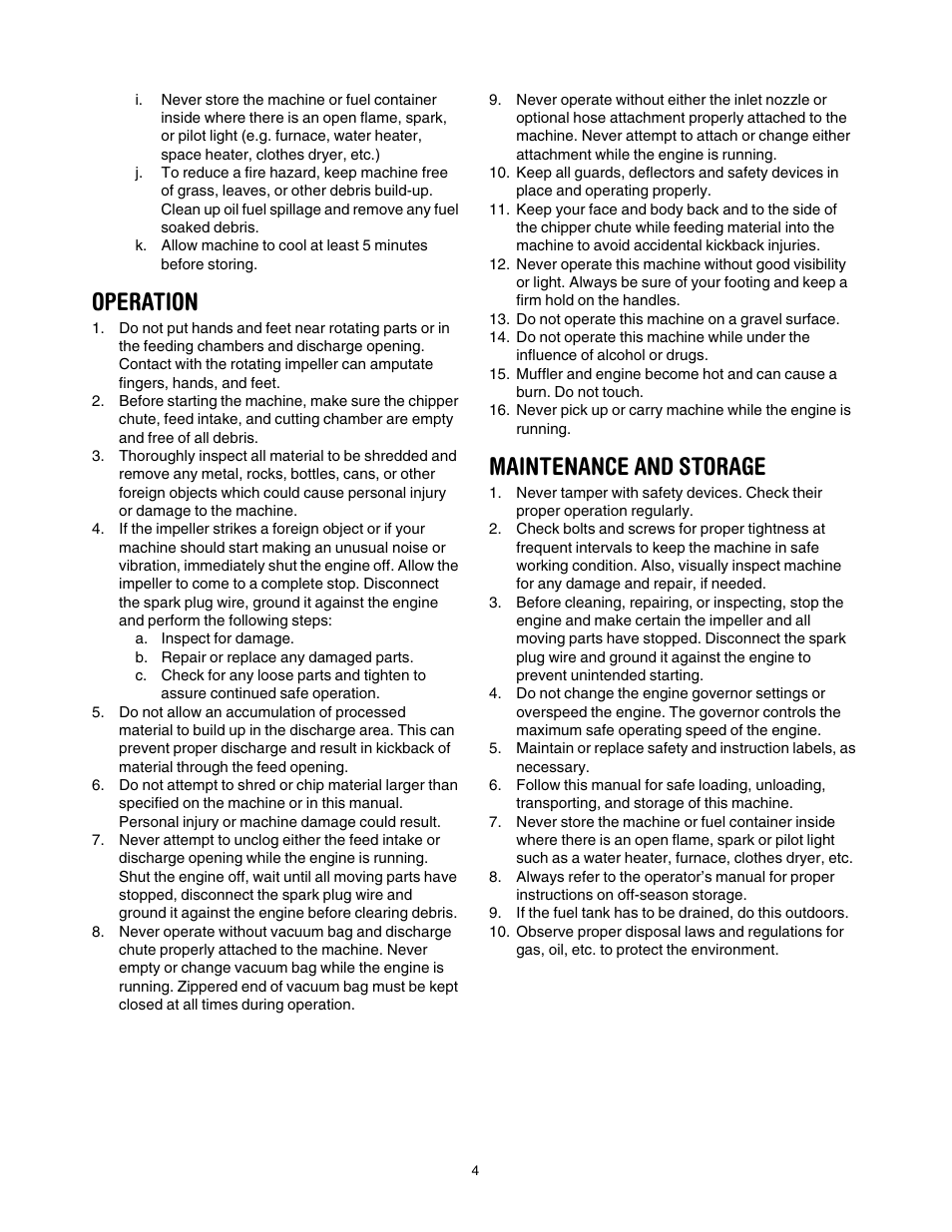 Operation, Maintenance and storage | Craftsman 247.77011 User Manual | Page 4 / 40