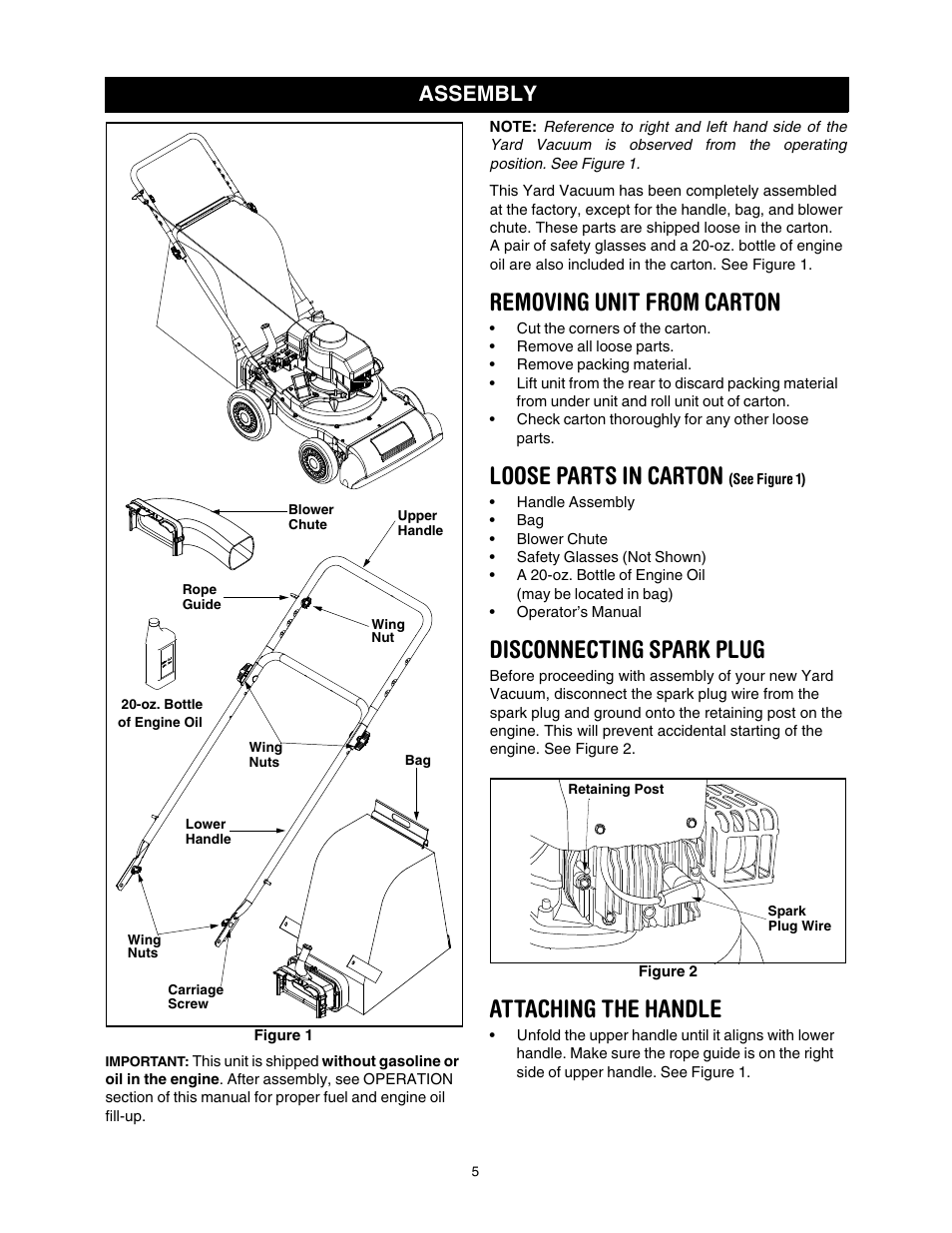 Removing unit from carton, Loose parts in carton, Disconnecting spark plug | Attaching the handle, Assembly | Craftsman 247.77011 User Manual | Page 5 / 40