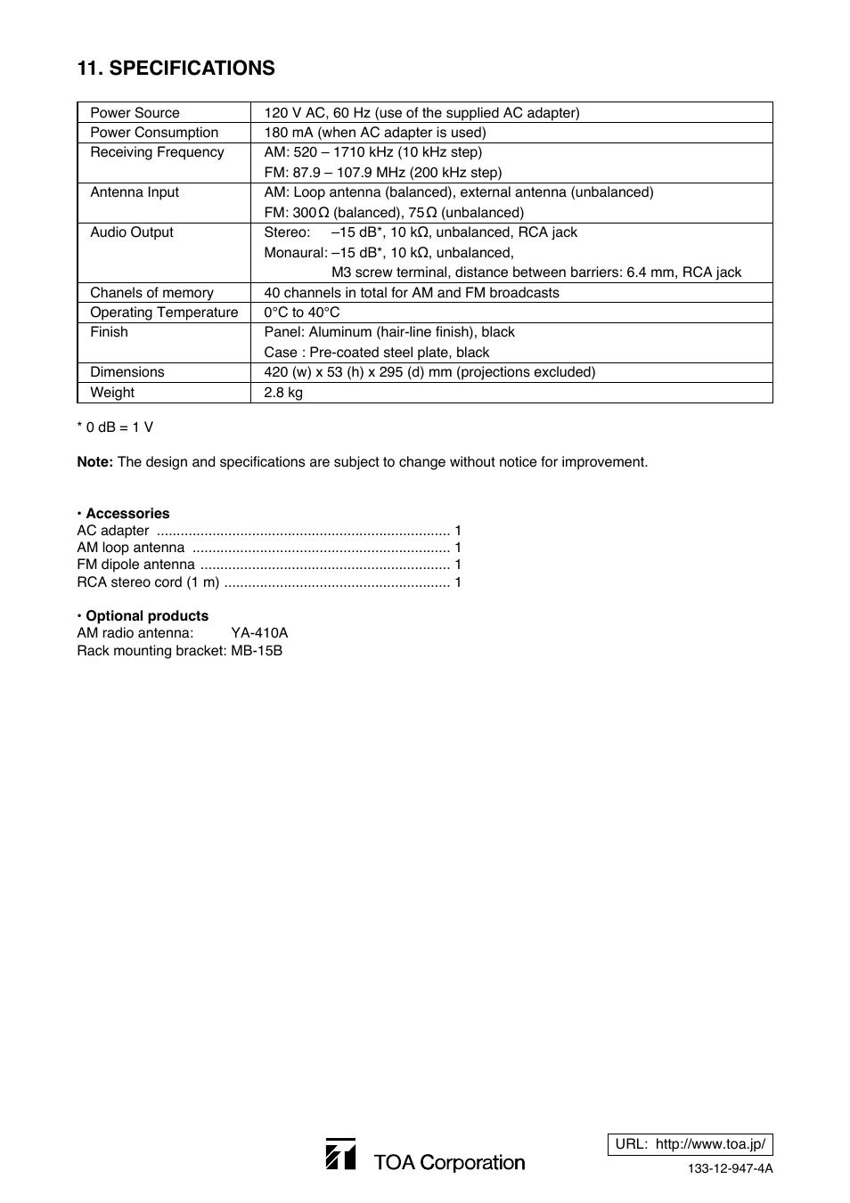 Specifications | Toa DT-930 UL User Manual | Page 12 / 12