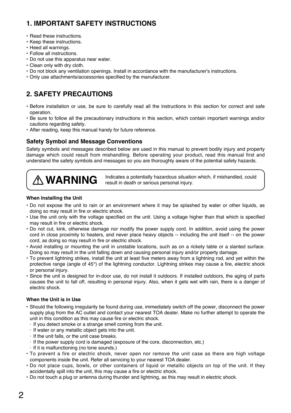 Warning, Important safety instructions, Safety precautions | Toa DT-930 UL User Manual | Page 2 / 12