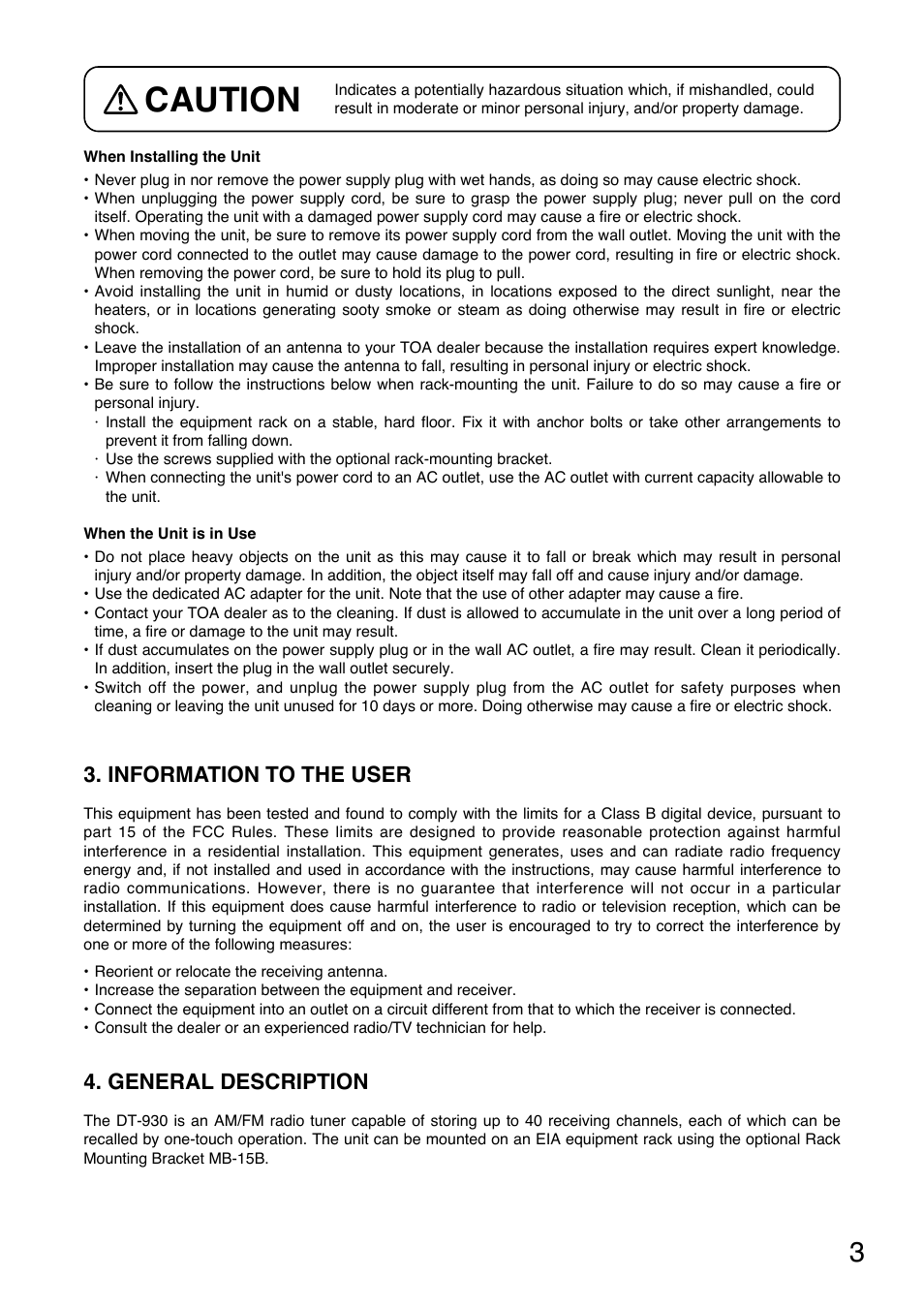 Caution, Information to the user, General description | Toa DT-930 UL User Manual | Page 3 / 12