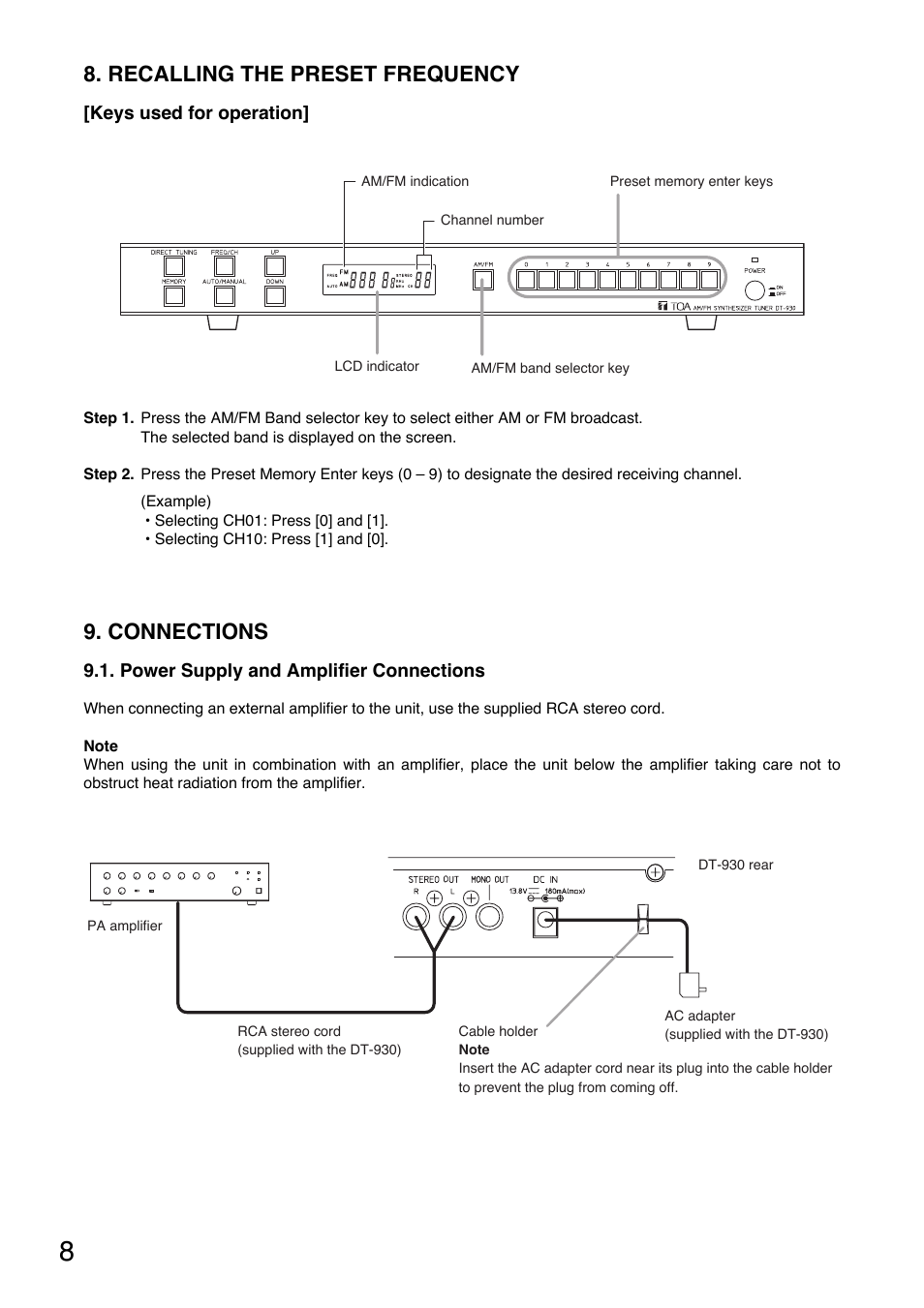 Recalling the preset frequency, Connections | Toa DT-930 UL User Manual | Page 8 / 12