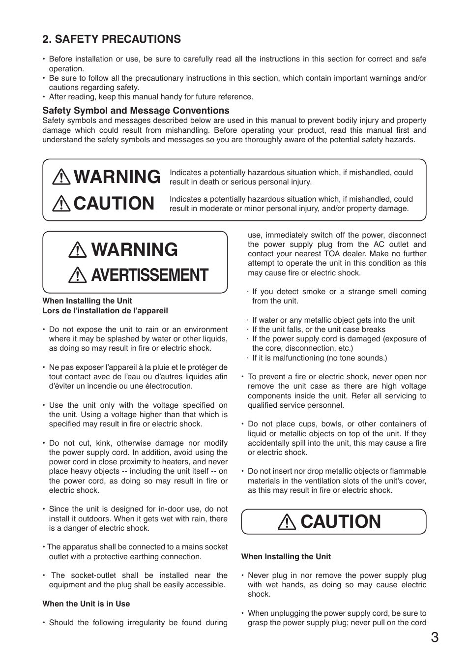 Safety precautions, Warning caution, Caution | Warning, Avertissement | Toa M-243 User Manual | Page 3 / 8