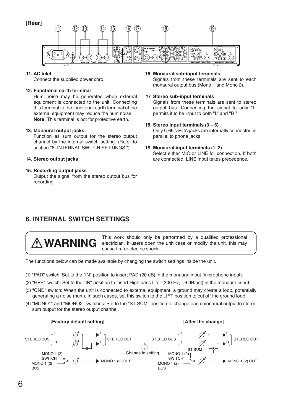 Rear, Internal switch settings, Warning | Toa M-243 User Manual | Page 6 / 8