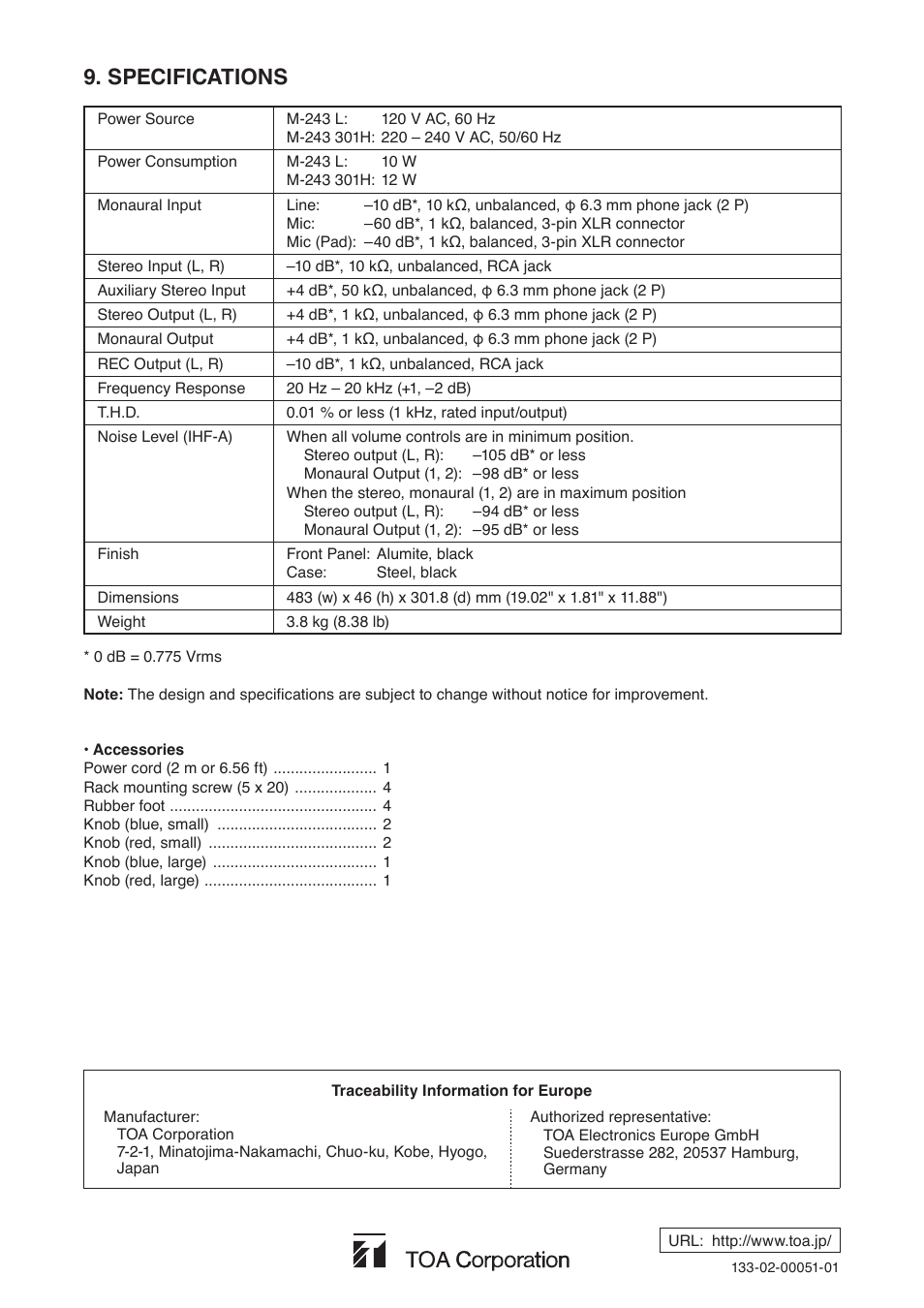 Specifications, Accessories | Toa M-243 User Manual | Page 8 / 8