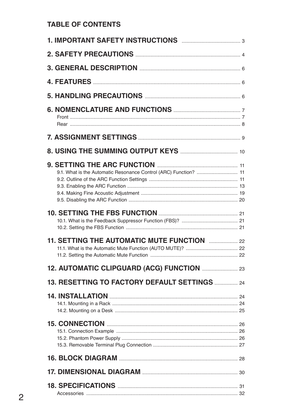 Table of contents 1. important safety instructions, Safety precautions, General description | Features, Handling precautions, Nomenclature and functions, Assignment settings, Using the summing output keys, Setting the arc function, Setting the fbs function | Toa M-633D User Manual | Page 2 / 32