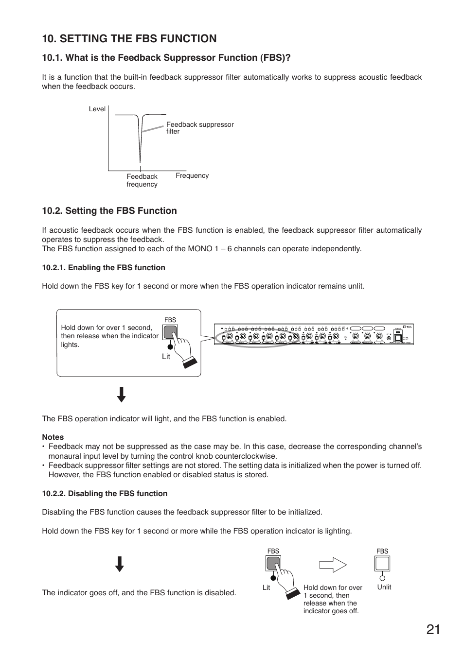 Setting the fbs function, What is the feedback suppressor function (fbs) | Toa M-633D User Manual | Page 21 / 32