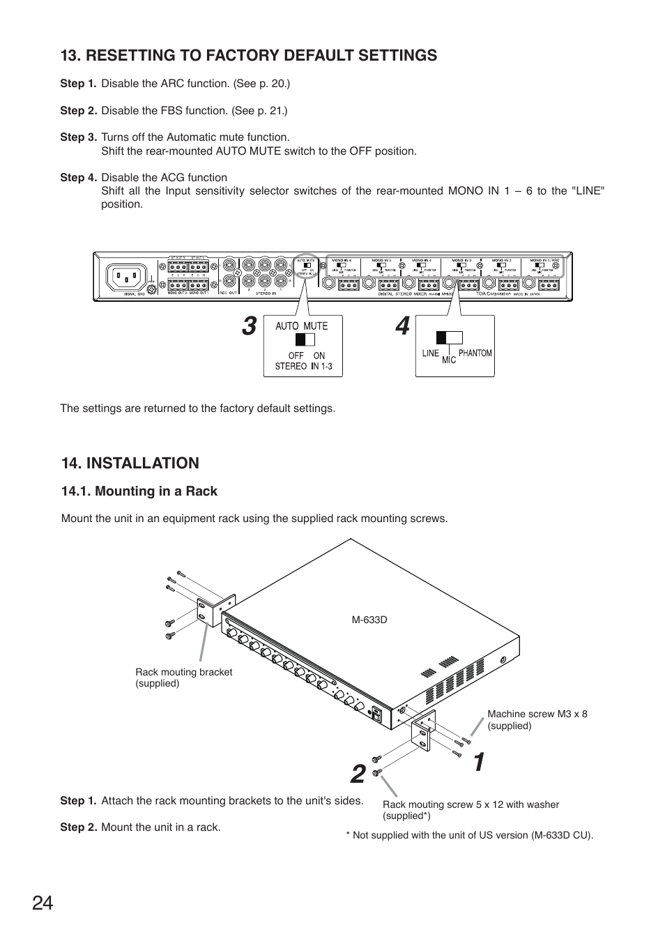 Resetting to factory default settings, Installation, Mounting in a rack | Toa M-633D User Manual | Page 24 / 32