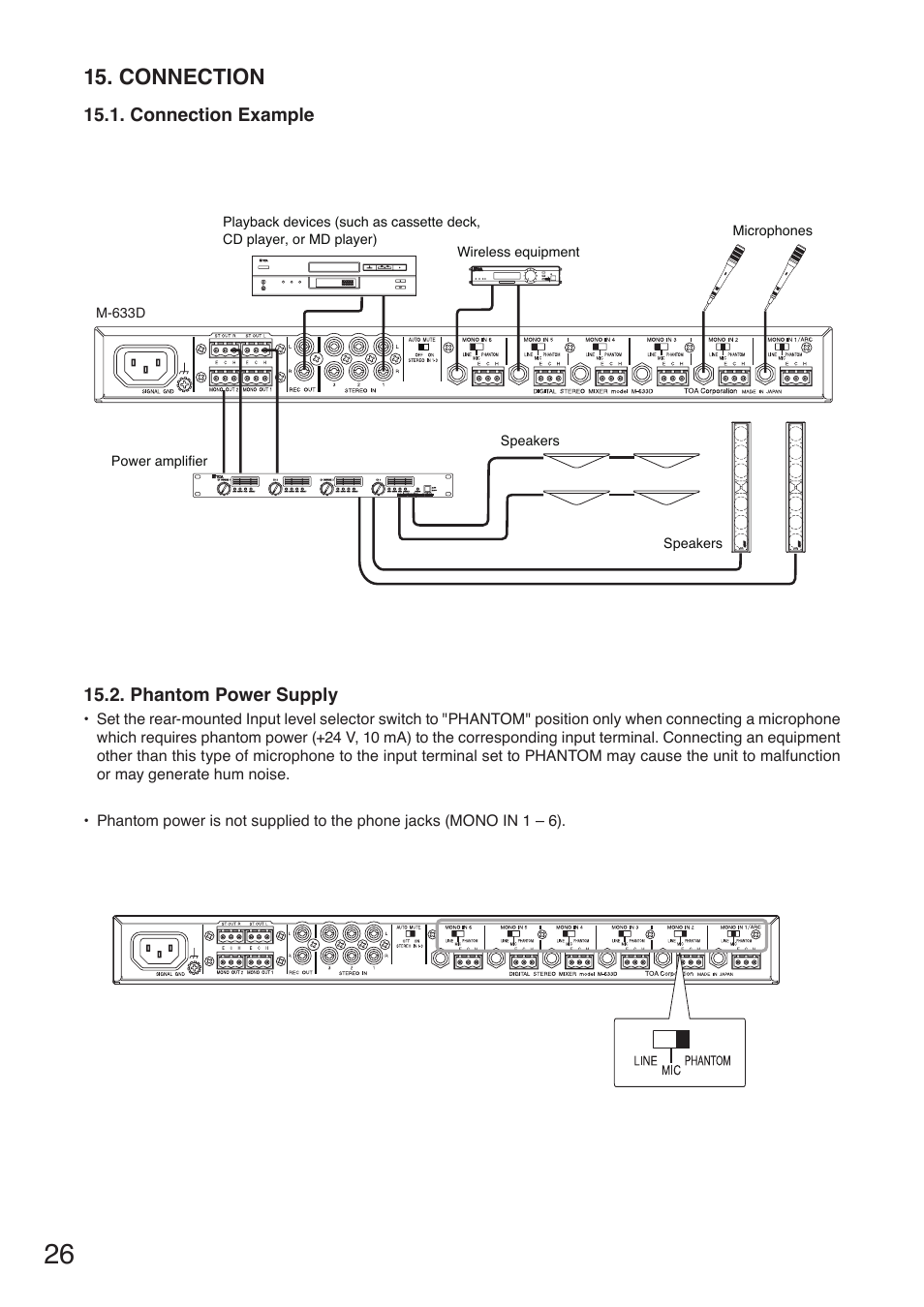 Connection, Connection example, Phantom power supply | Toa M-633D User Manual | Page 26 / 32