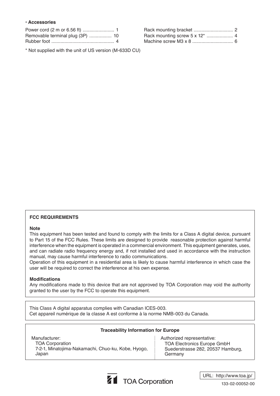 Accessories | Toa M-633D User Manual | Page 32 / 32