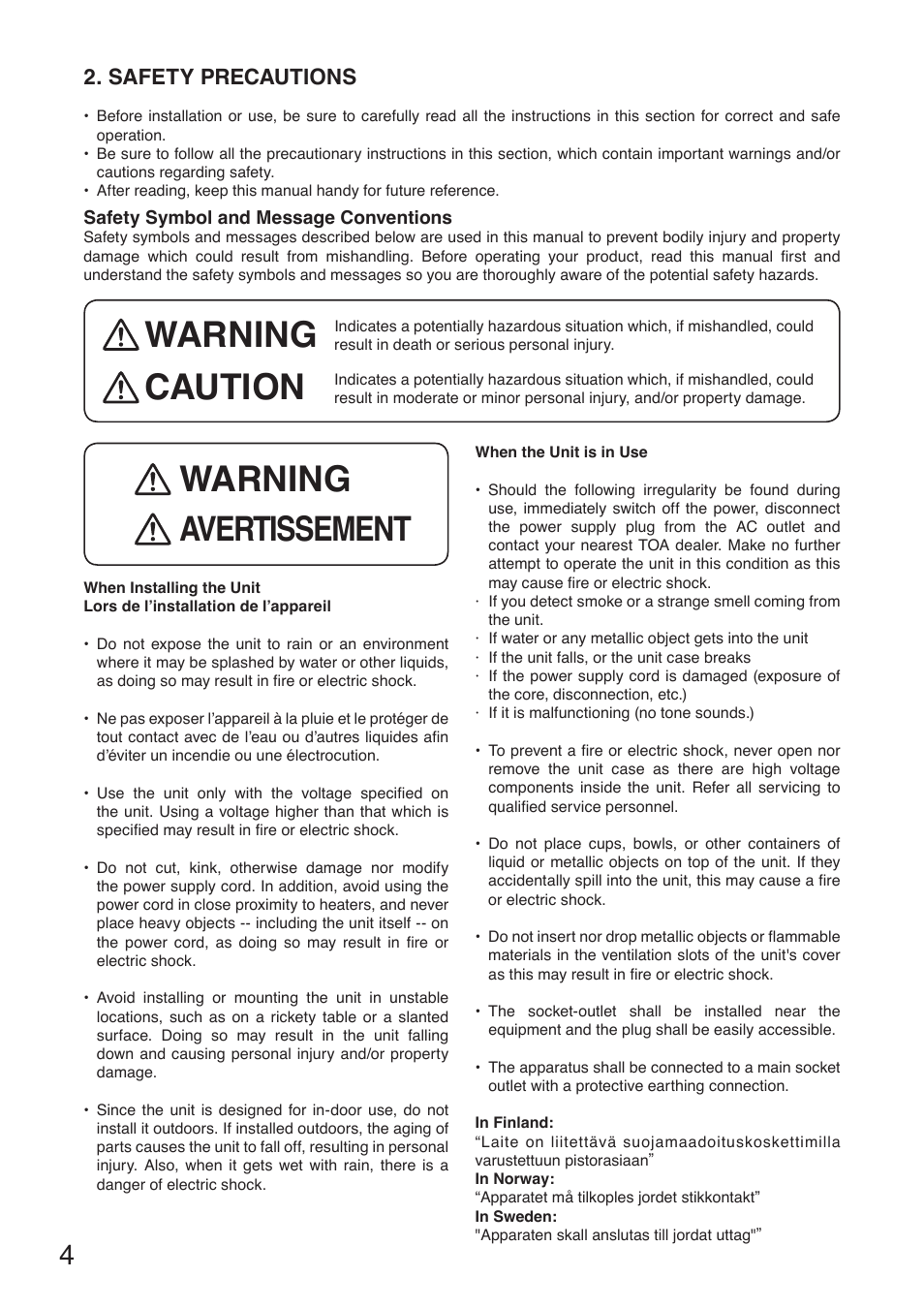 Safety precautions, Warning caution, Warning | Avertissement | Toa M-633D User Manual | Page 4 / 32