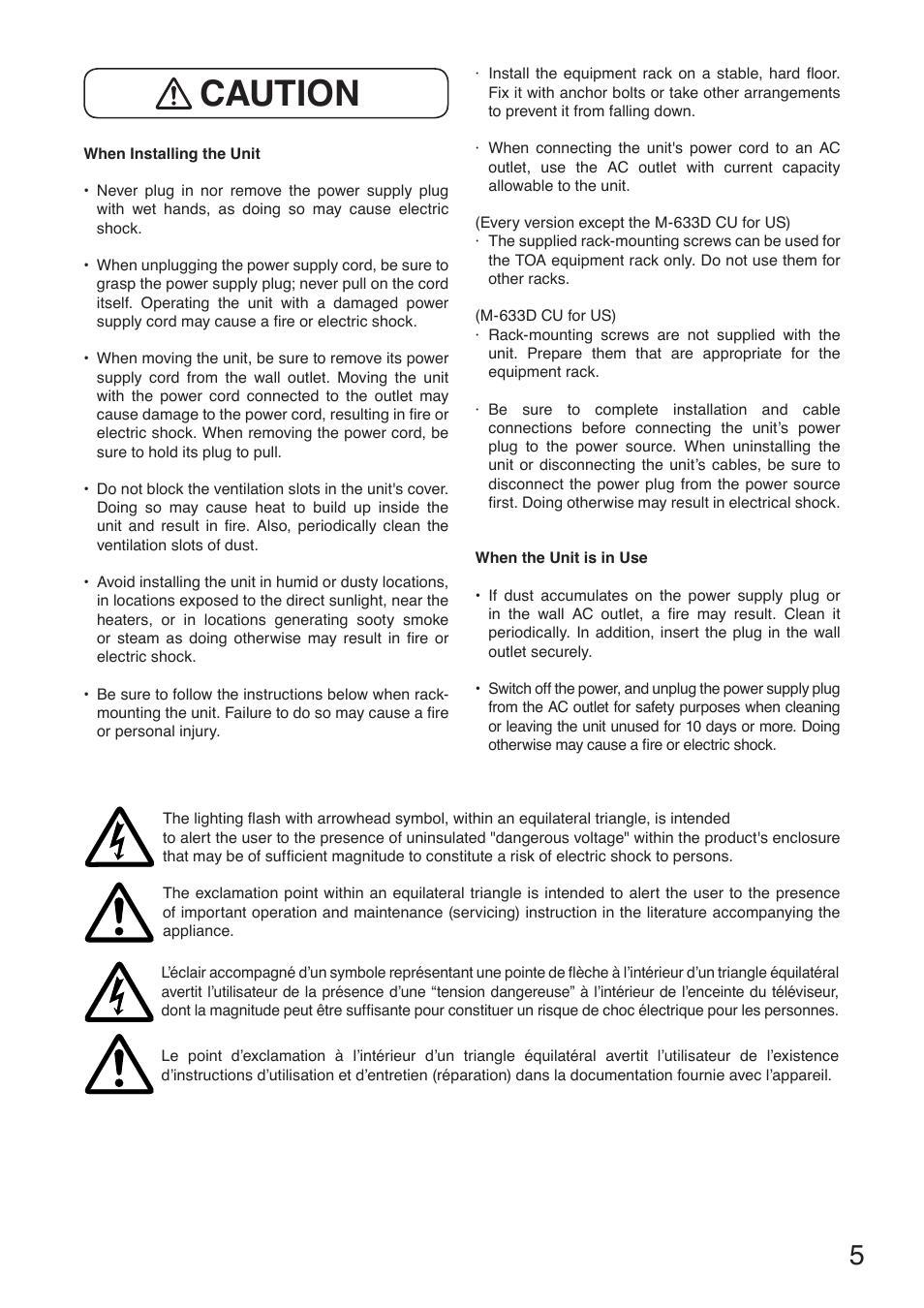 Caution | Toa M-633D User Manual | Page 5 / 32