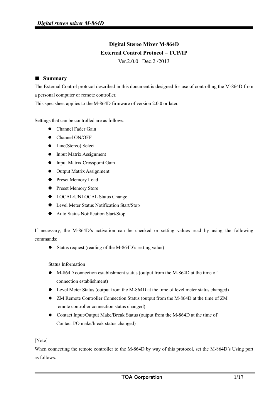 Toa M-864D Ver.2.0.0 User Manual | 17 pages