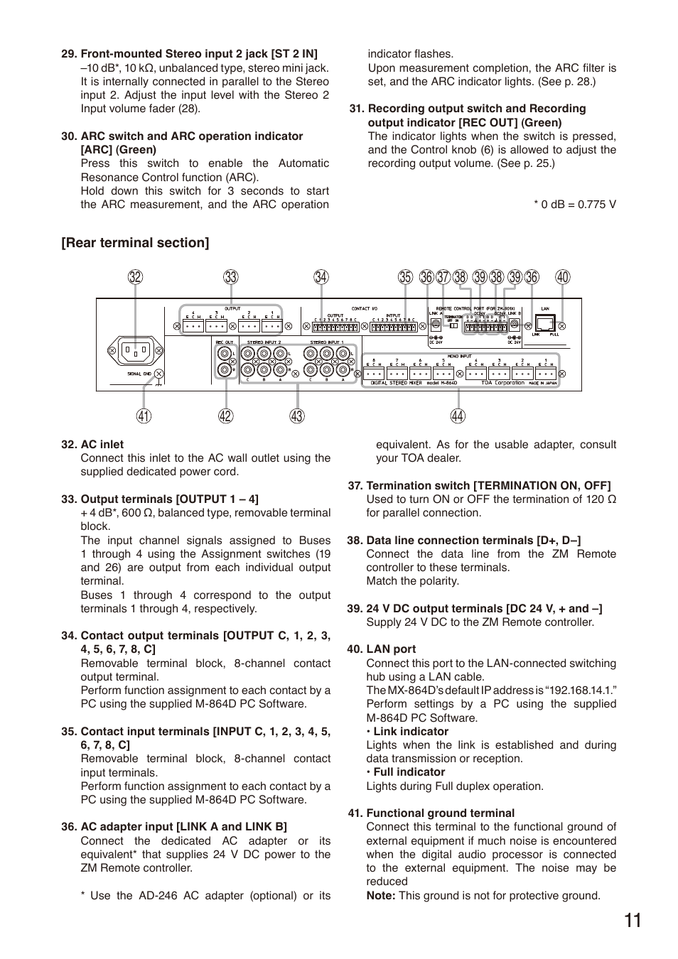 Rear terminal section | Toa M-864D User Manual | Page 11 / 60