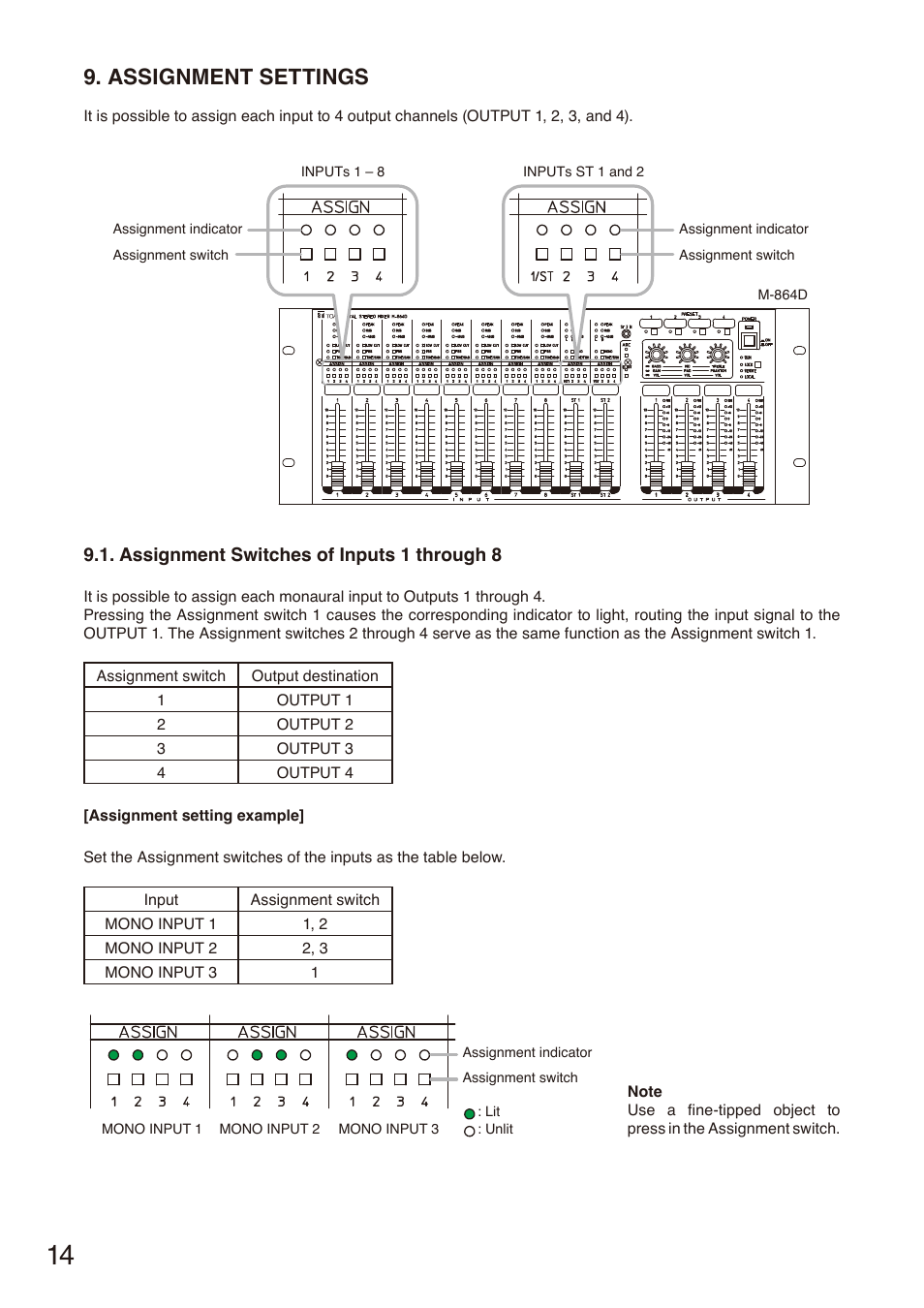 Assignment settings, Assignment switches of inputs 1 through 8 | Toa M-864D User Manual | Page 14 / 60