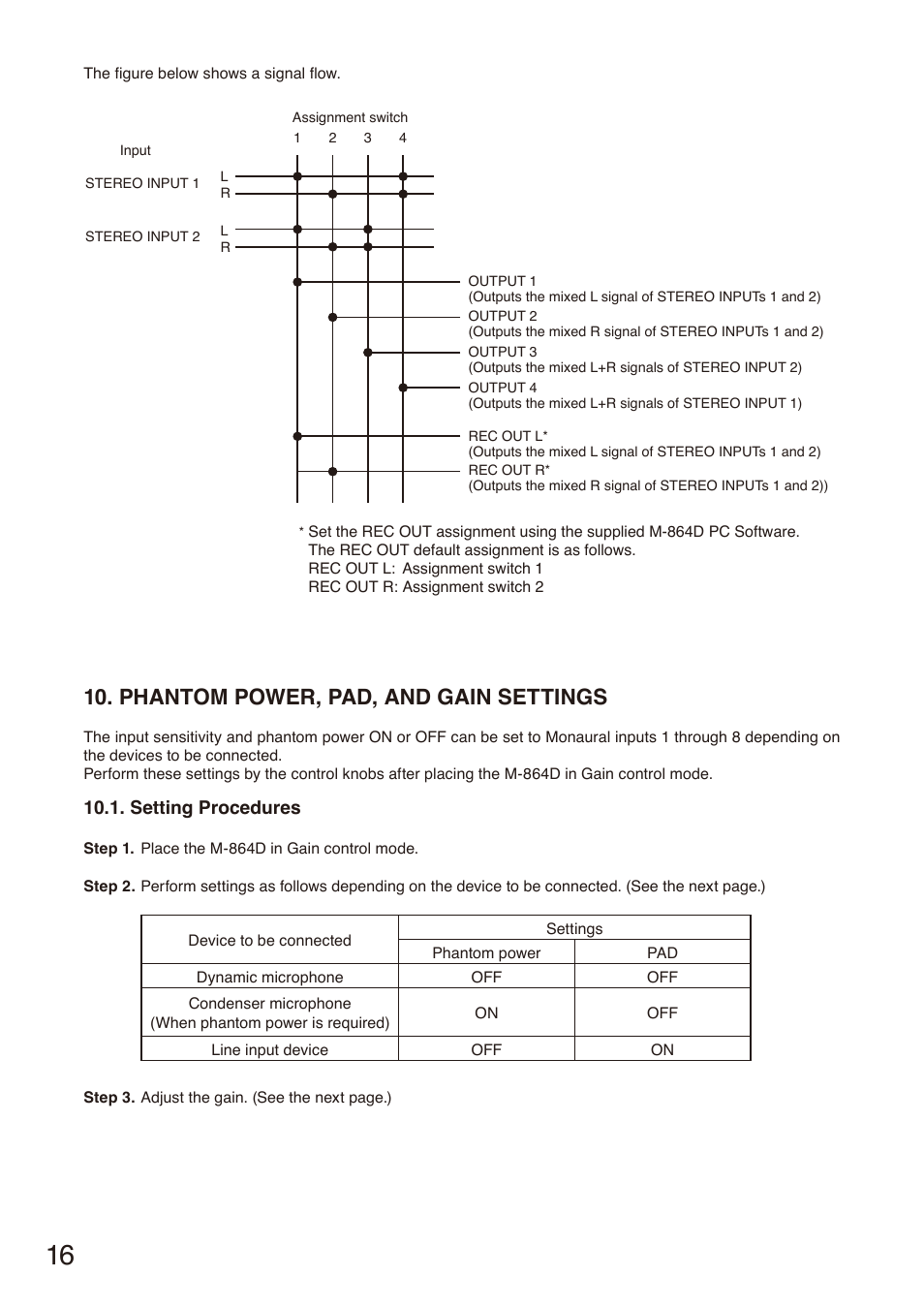 Phantom power, pad, and gain settings, Setting procedures, E p. 16 a | Toa M-864D User Manual | Page 16 / 60