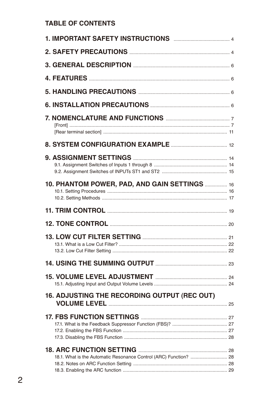 Table of contents 1. important safety instructions, Safety precautions, General description | Features, Handling precautions, Installation precautions, Nomenclature and functions, System configuration example, Assignment settings, Phantom power, pad, and gain settings | Toa M-864D User Manual | Page 2 / 60