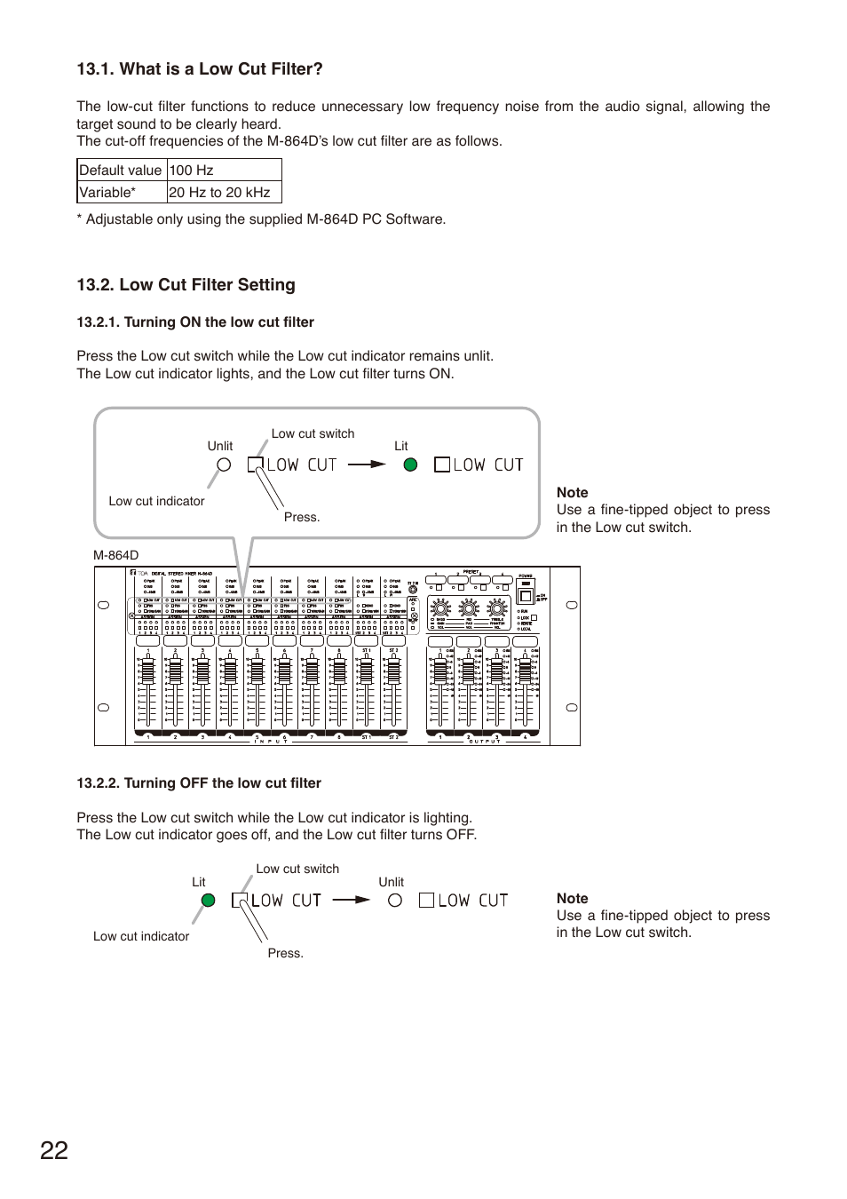 What is a low cut filter, Low cut filter setting | Toa M-864D User Manual | Page 22 / 60