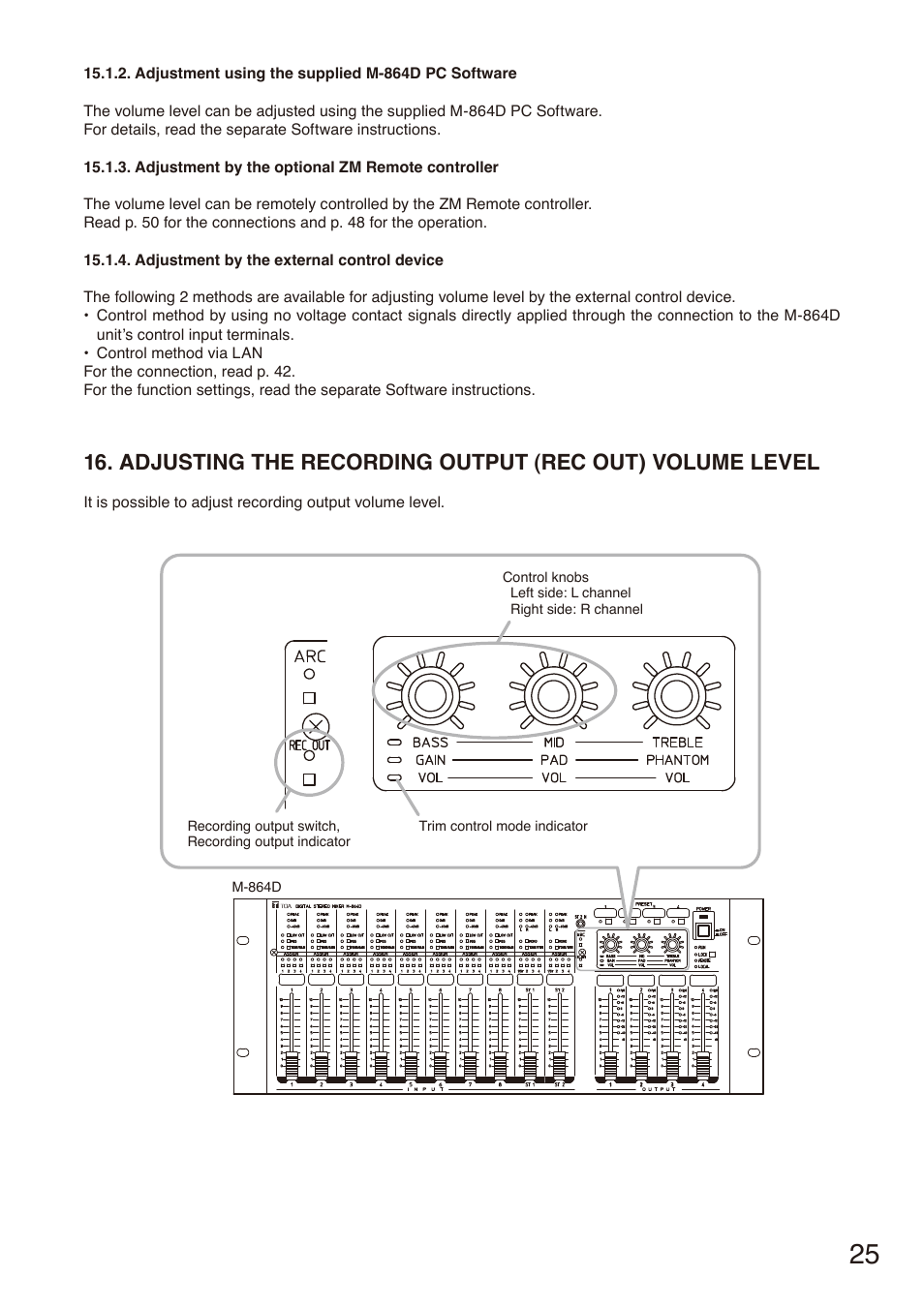 Adjusting the recording output (rec out), Volume level, E p. 25 | Toa M-864D User Manual | Page 25 / 60