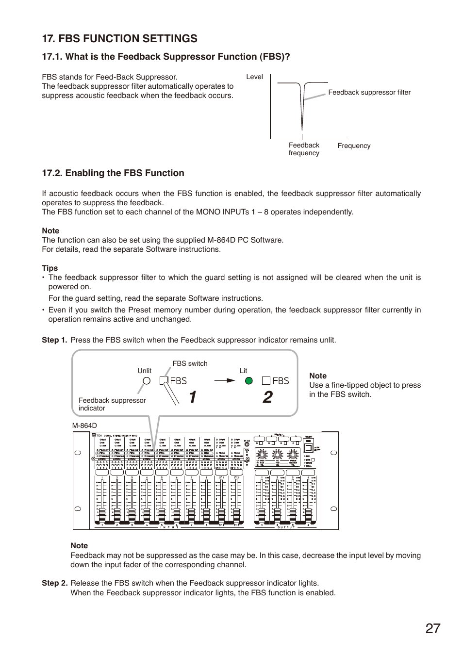 Fbs function settings, What is the feedback suppressor function (fbs), Enabling the fbs function | Toa M-864D User Manual | Page 27 / 60