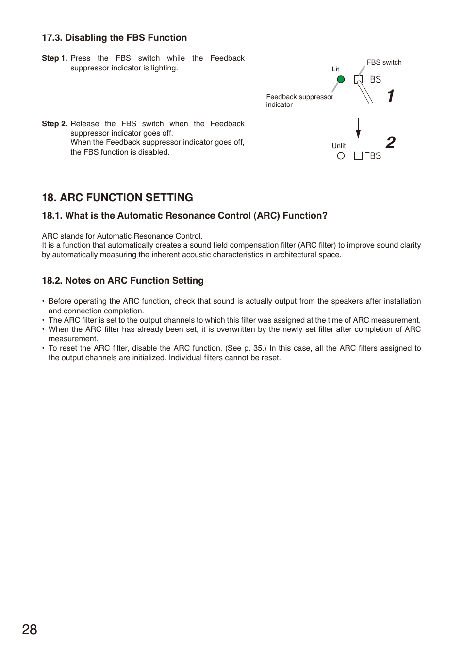 Disabling the fbs function, Arc function setting, Notes on arc function setting | Toa M-864D User Manual | Page 28 / 60