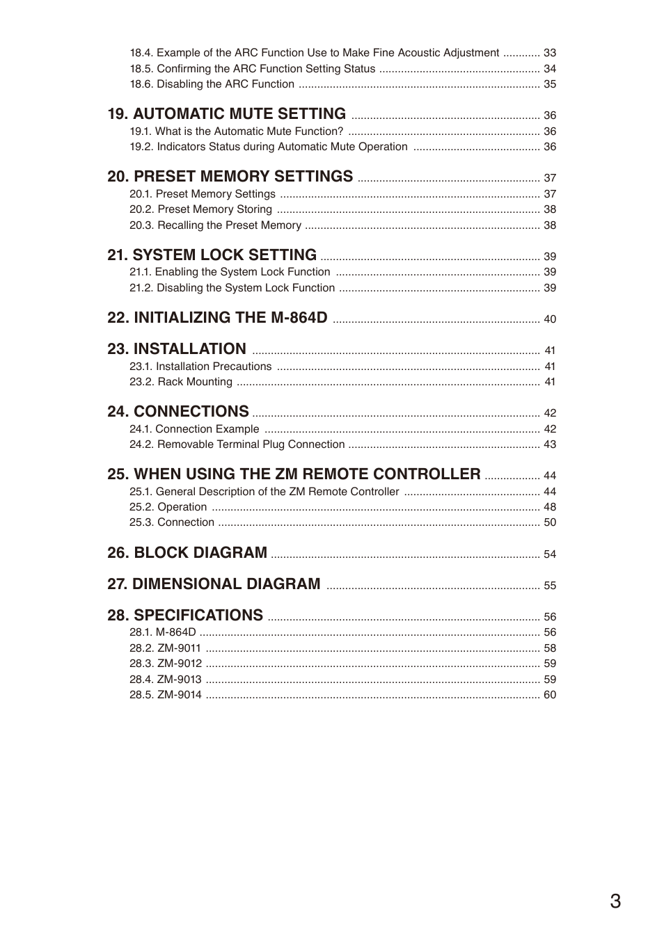 Automatic mute setting, System lock setting, Initializing the m-864d | Installation, Connections, When using the zm remote controller, Block diagram, Dimensional diagram, Specifications | Toa M-864D User Manual | Page 3 / 60