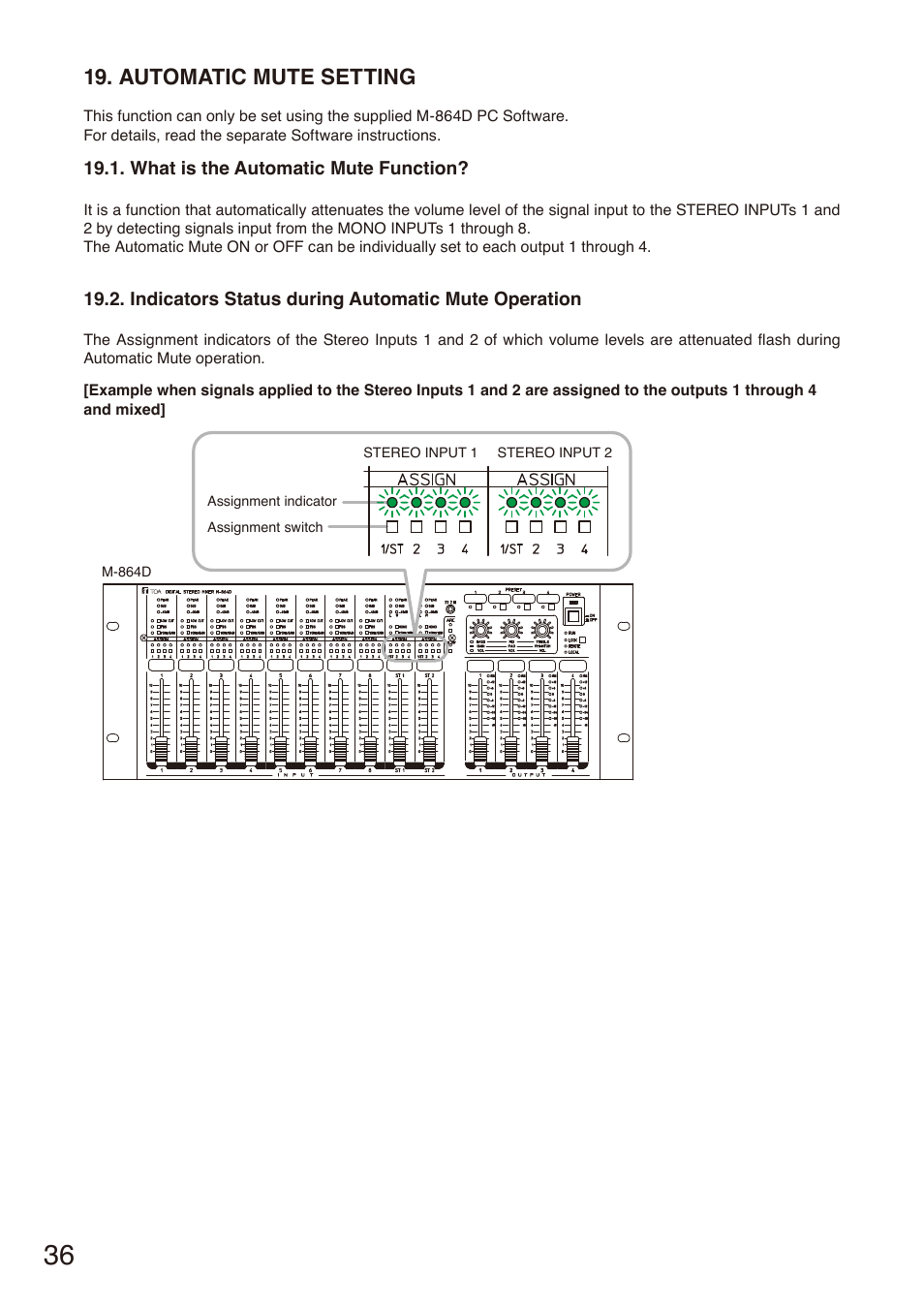 Automatic mute setting, What is the automatic mute function, Indicators status during automatic mute operation | Toa M-864D User Manual | Page 36 / 60