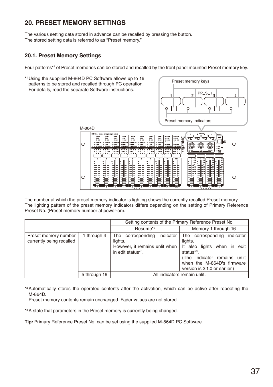 Preset memory settings, E p. 37 | Toa M-864D User Manual | Page 37 / 60