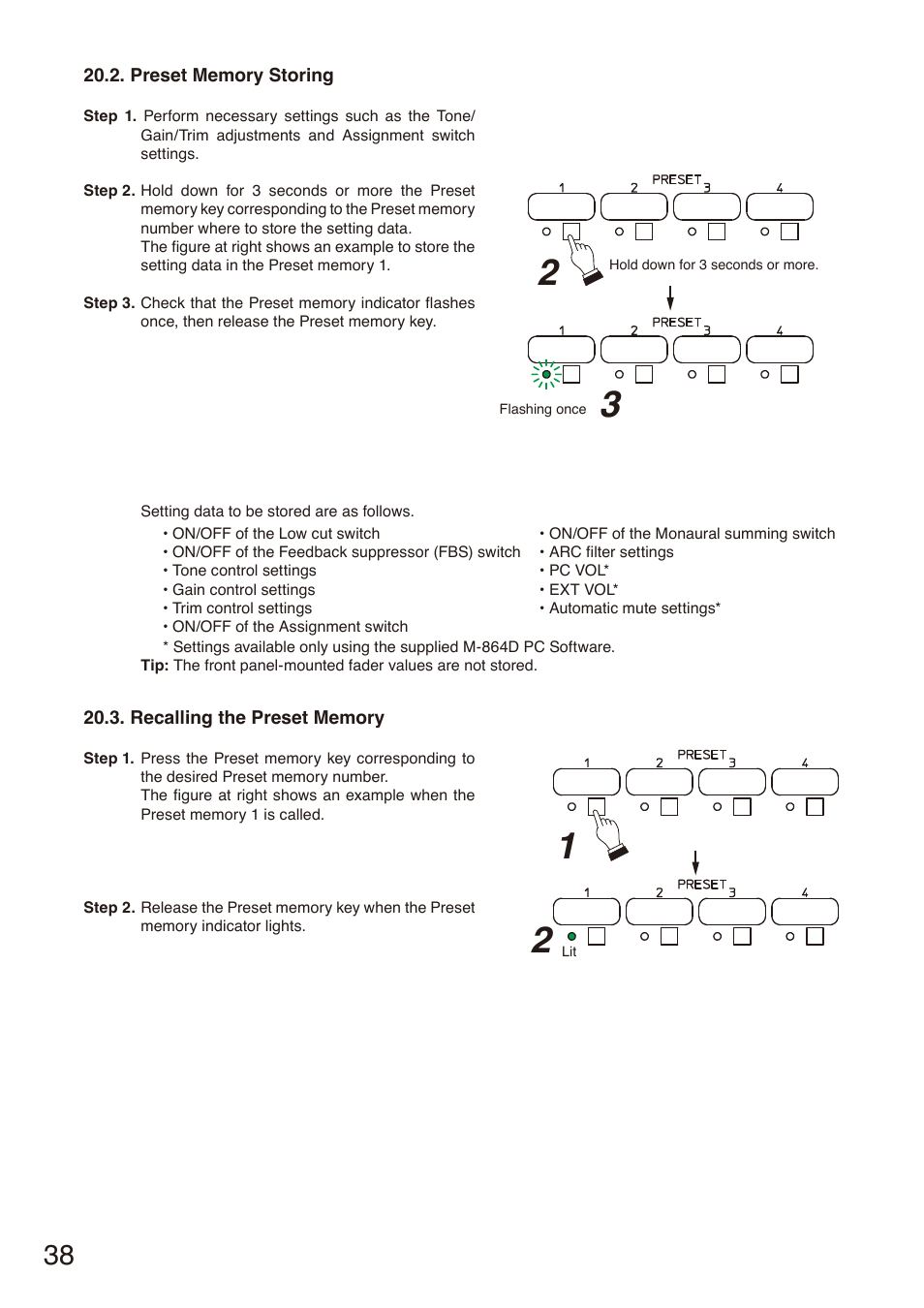 Preset memory storing, Recalling the preset memory | Toa M-864D User Manual | Page 38 / 60