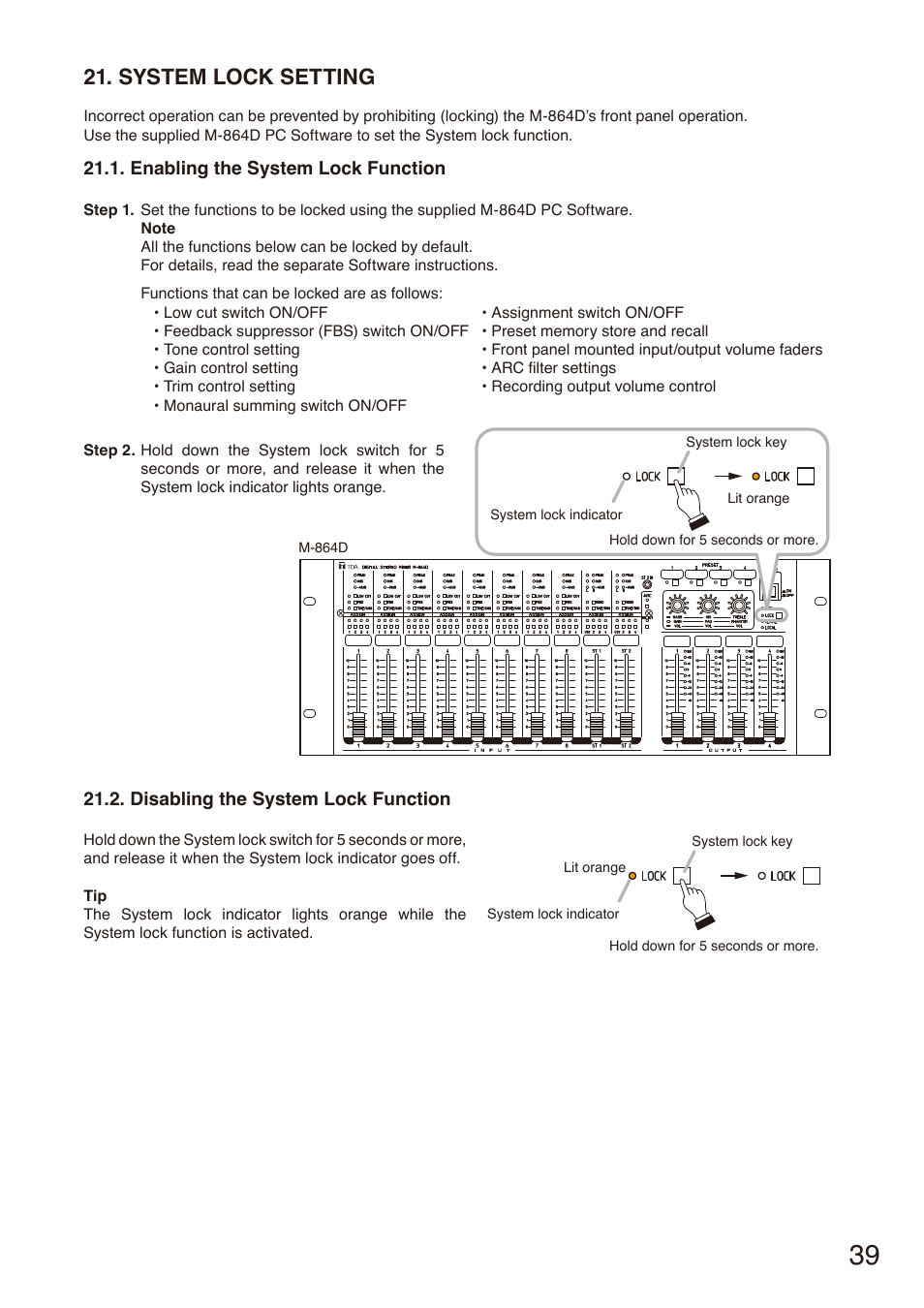 System lock setting, Enabling the system lock function, Disabling the system lock function | E p. 39 | Toa M-864D User Manual | Page 39 / 60