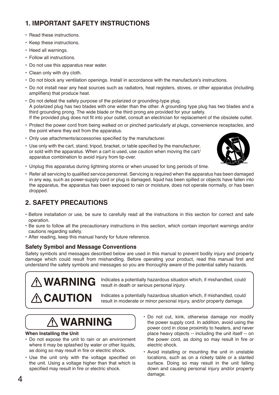 Important safety instructions, Safety precautions, Warning caution warning | Toa M-864D User Manual | Page 4 / 60