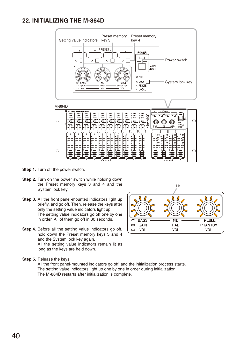 Initializing the m-864d | Toa M-864D User Manual | Page 40 / 60