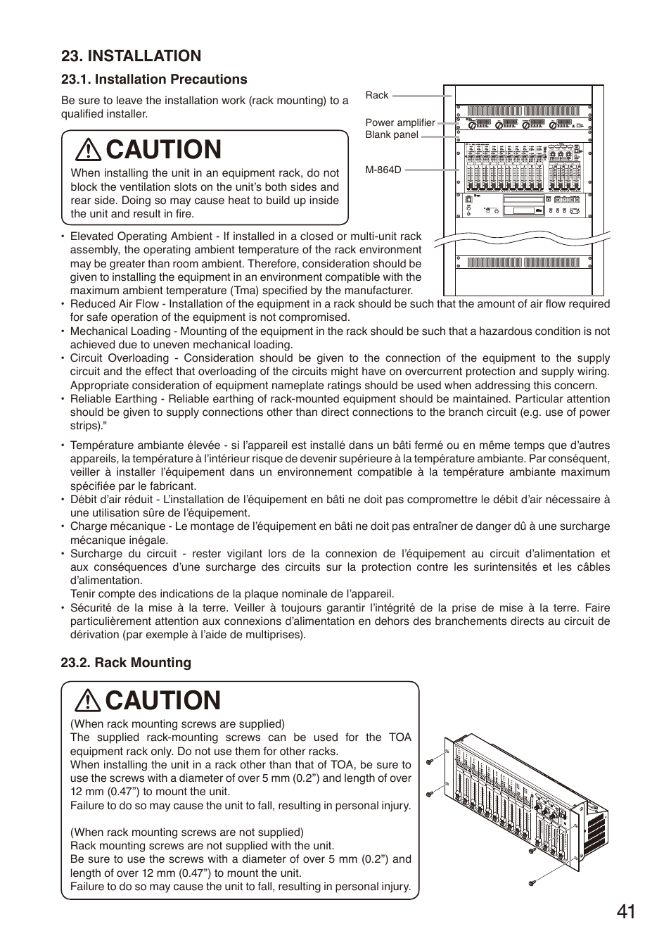 Installation, Installation precautions, Rack mounting | Caution | Toa M-864D User Manual | Page 41 / 60