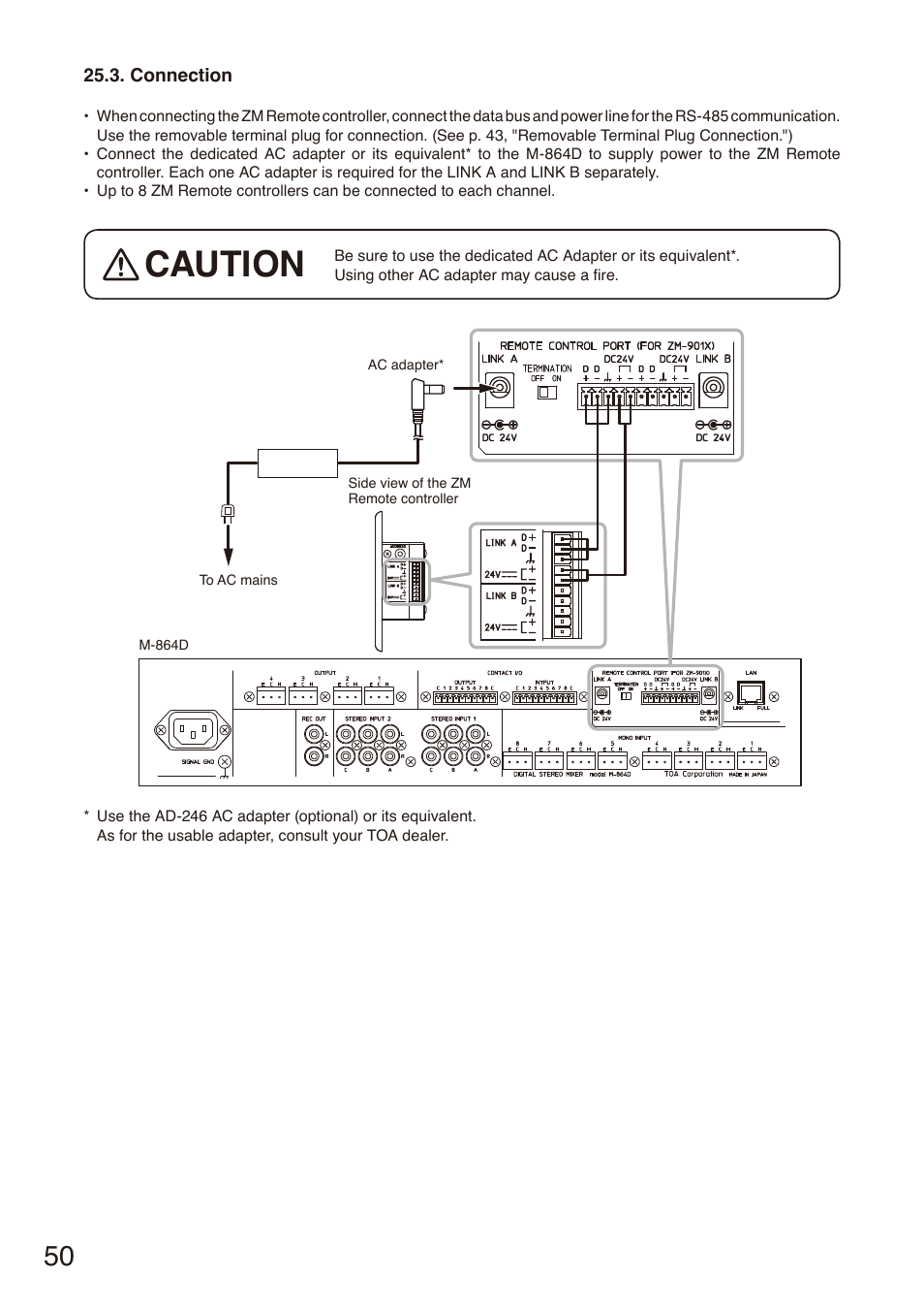 Connection, D p. 50 f, Caution | Toa M-864D User Manual | Page 50 / 60