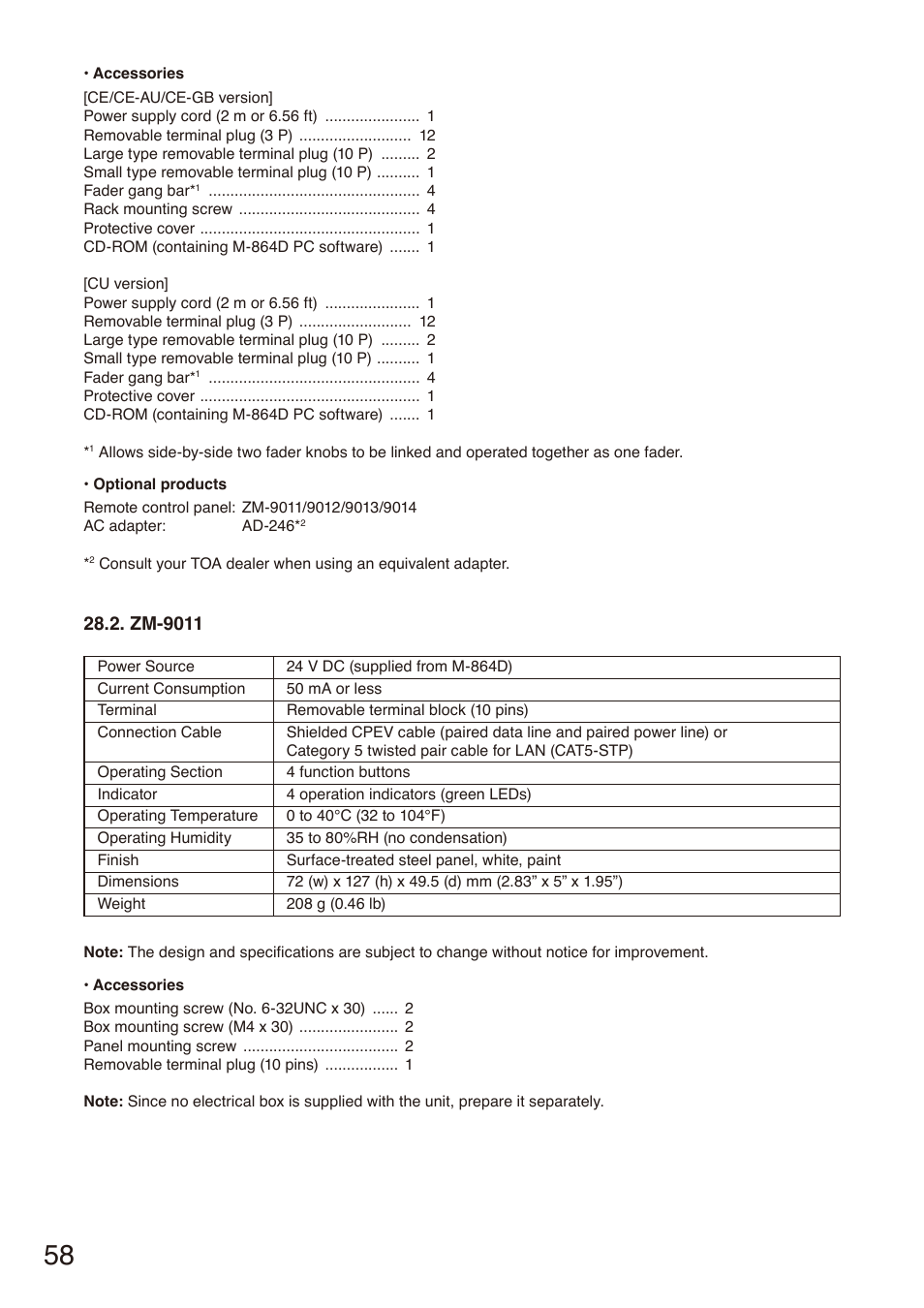 Zm-9011 | Toa M-864D User Manual | Page 58 / 60