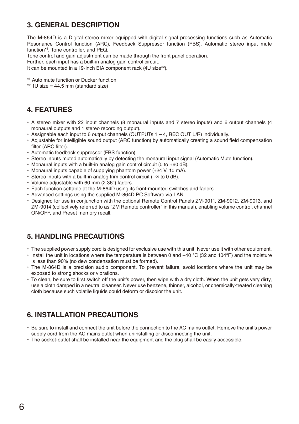 General description, Features, Handling precautions | Installation precautions | Toa M-864D User Manual | Page 6 / 60