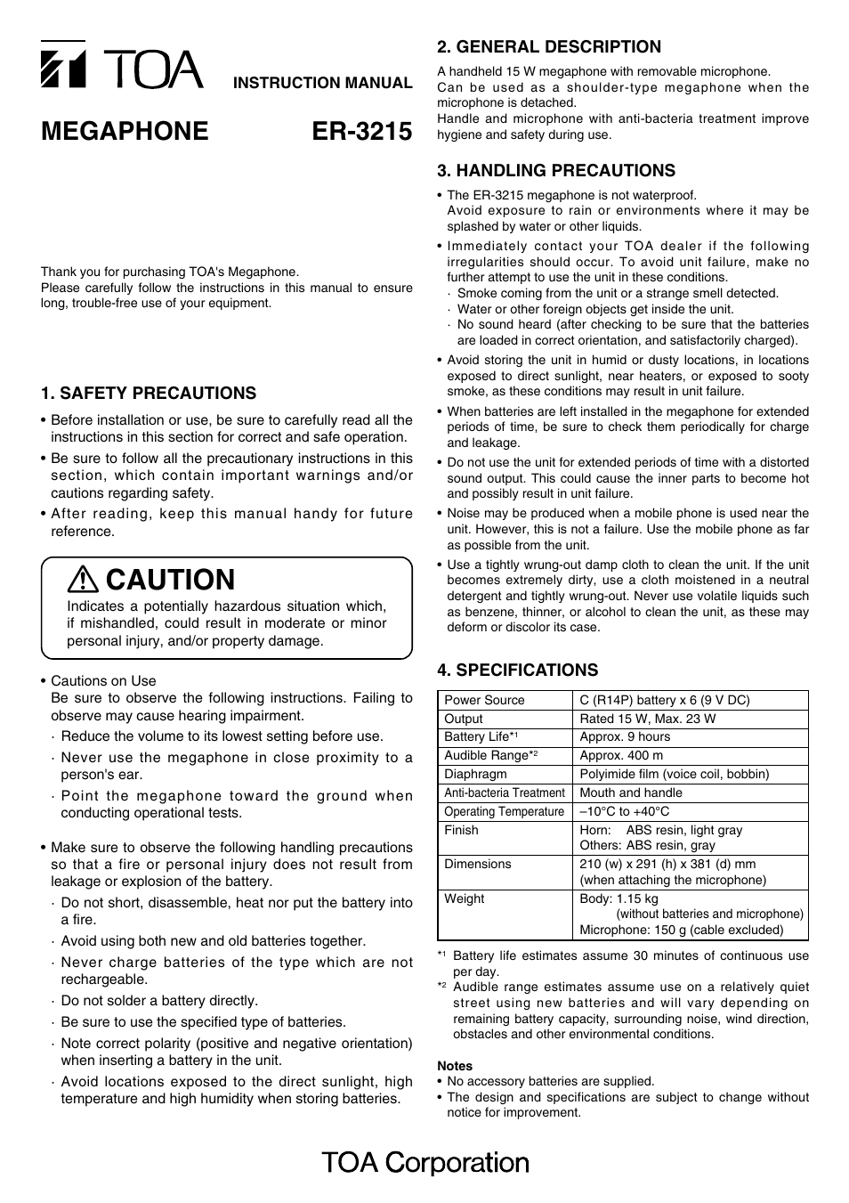 Toa ER-3215 User Manual | 2 pages