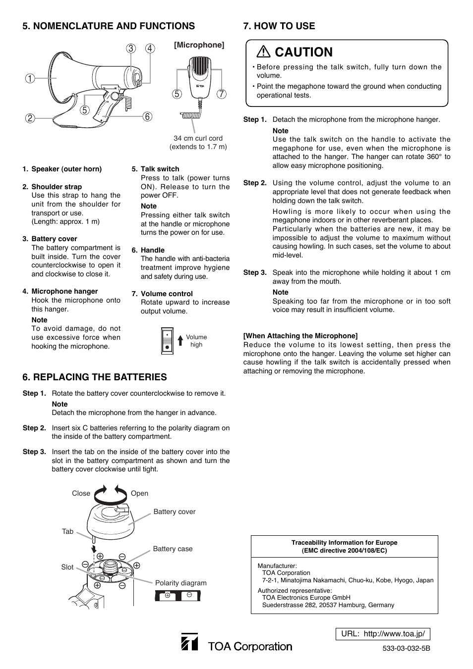 Caution, Nomenclature and functions, Replacing the batteries | How to use | Toa ER-3215 User Manual | Page 2 / 2