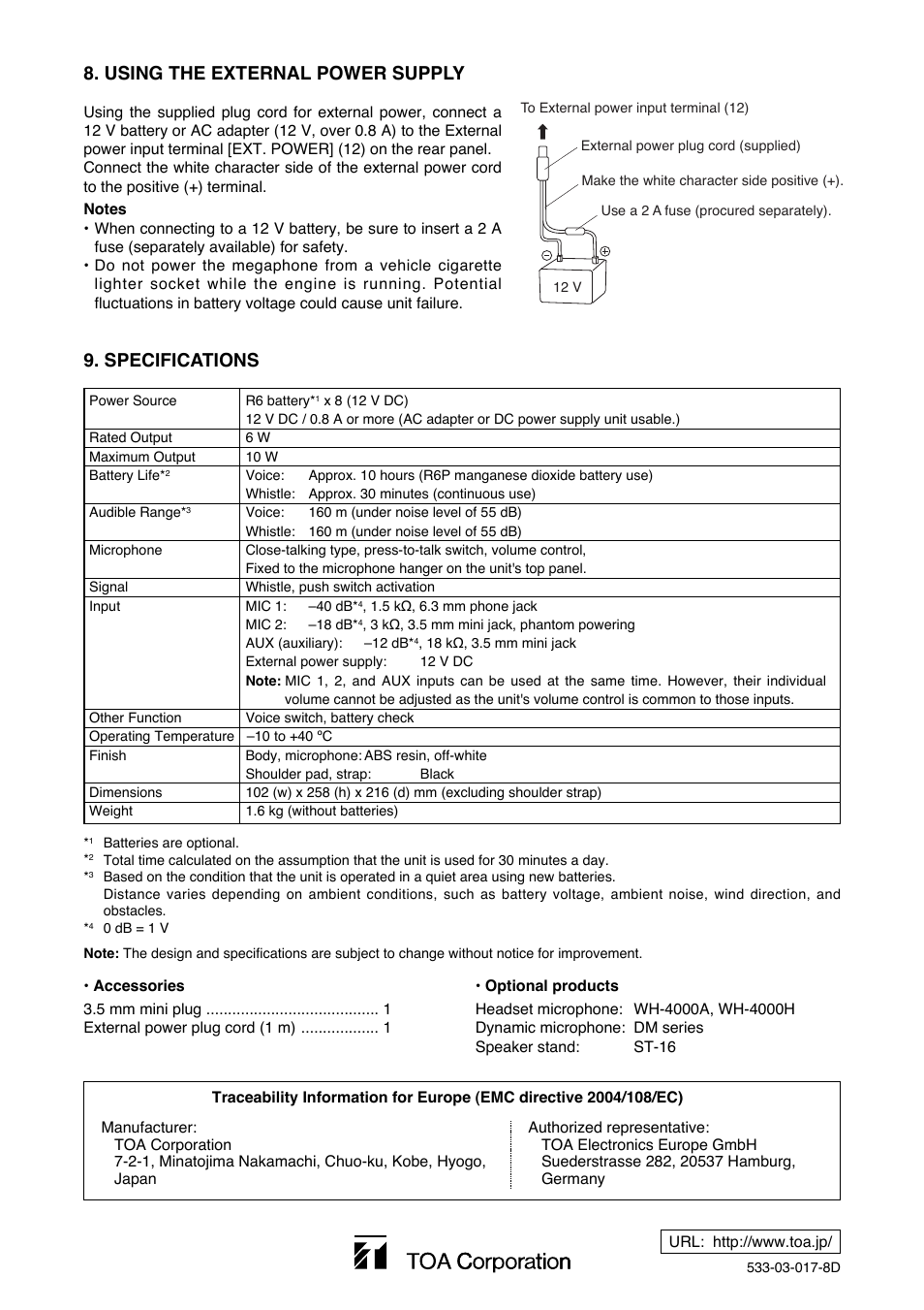 Specifications, Using the external power supply | Toa ER-604W User Manual | Page 4 / 4